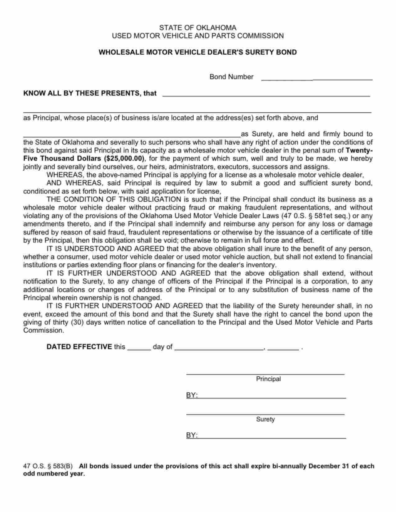 Oklahoma Wholesale Motor Vehicle Dealer Bond Form