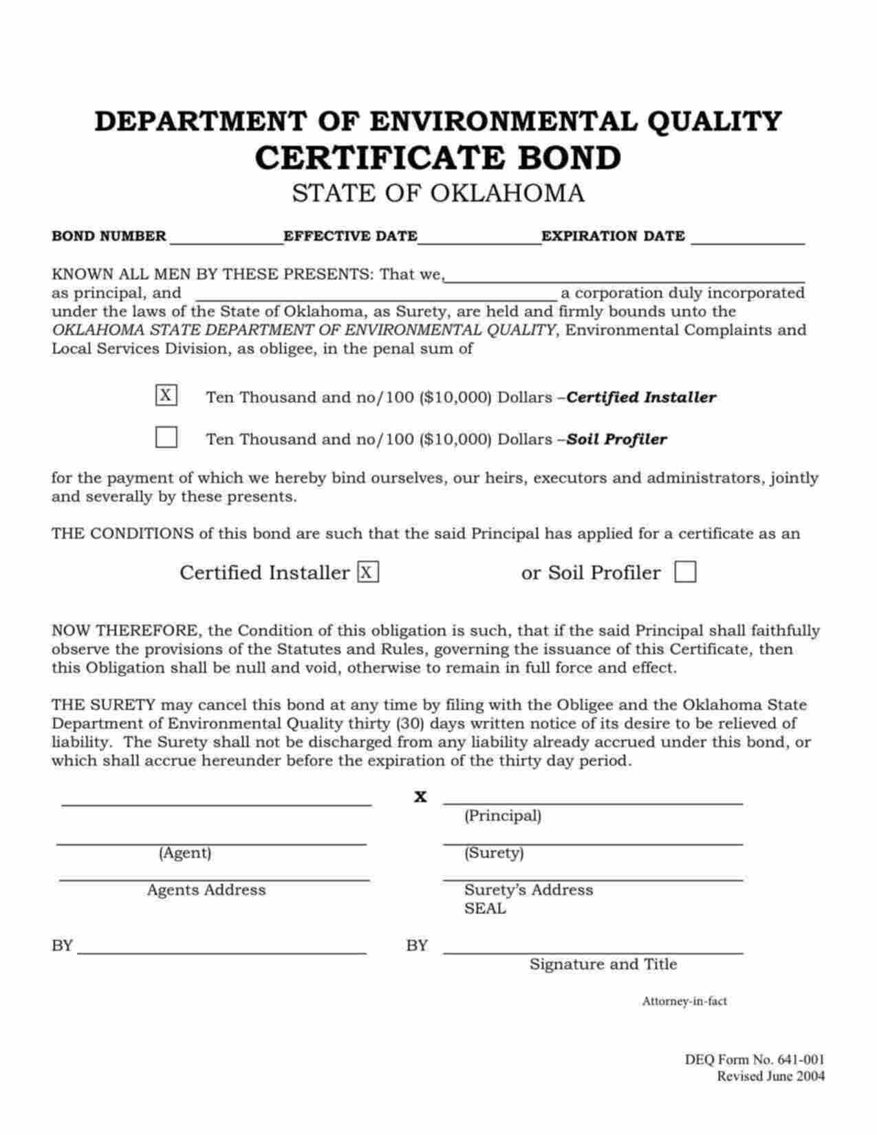 Oklahoma Septic Tank Certified Installer Bond Form