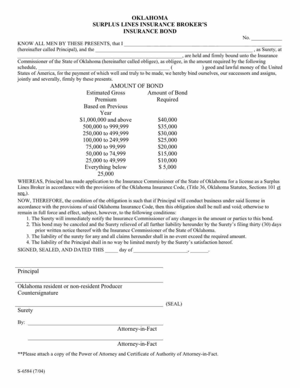 Oklahoma Surplus Lines Broker Bond Form