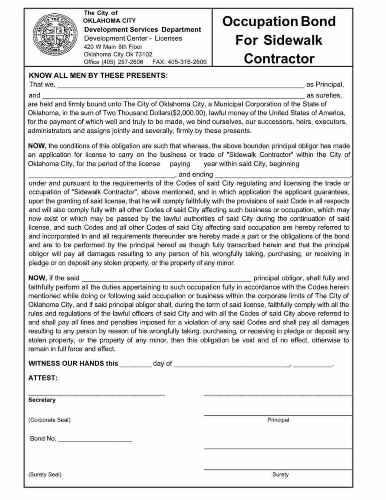 Oklahoma Sidewalk Contractor Bond Form