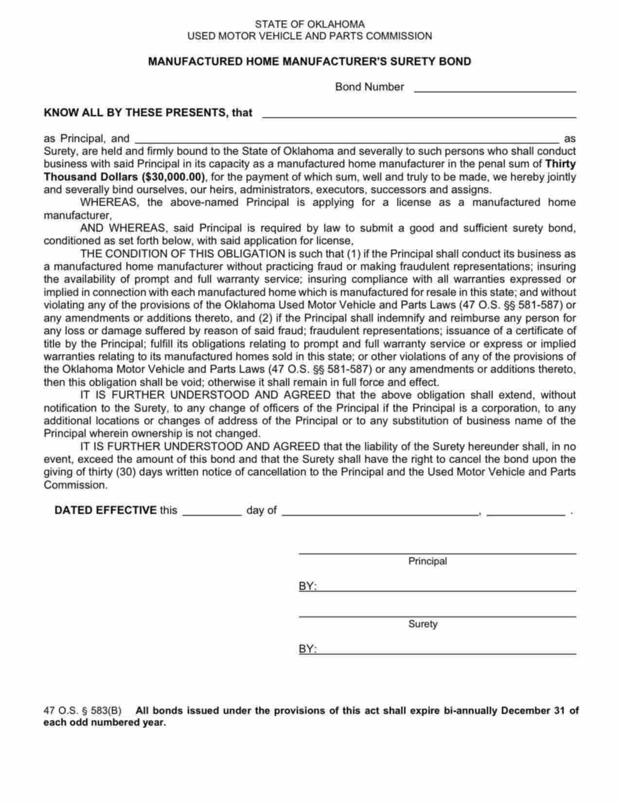 Oklahoma Manufactured Home Manufacturer Bond Form