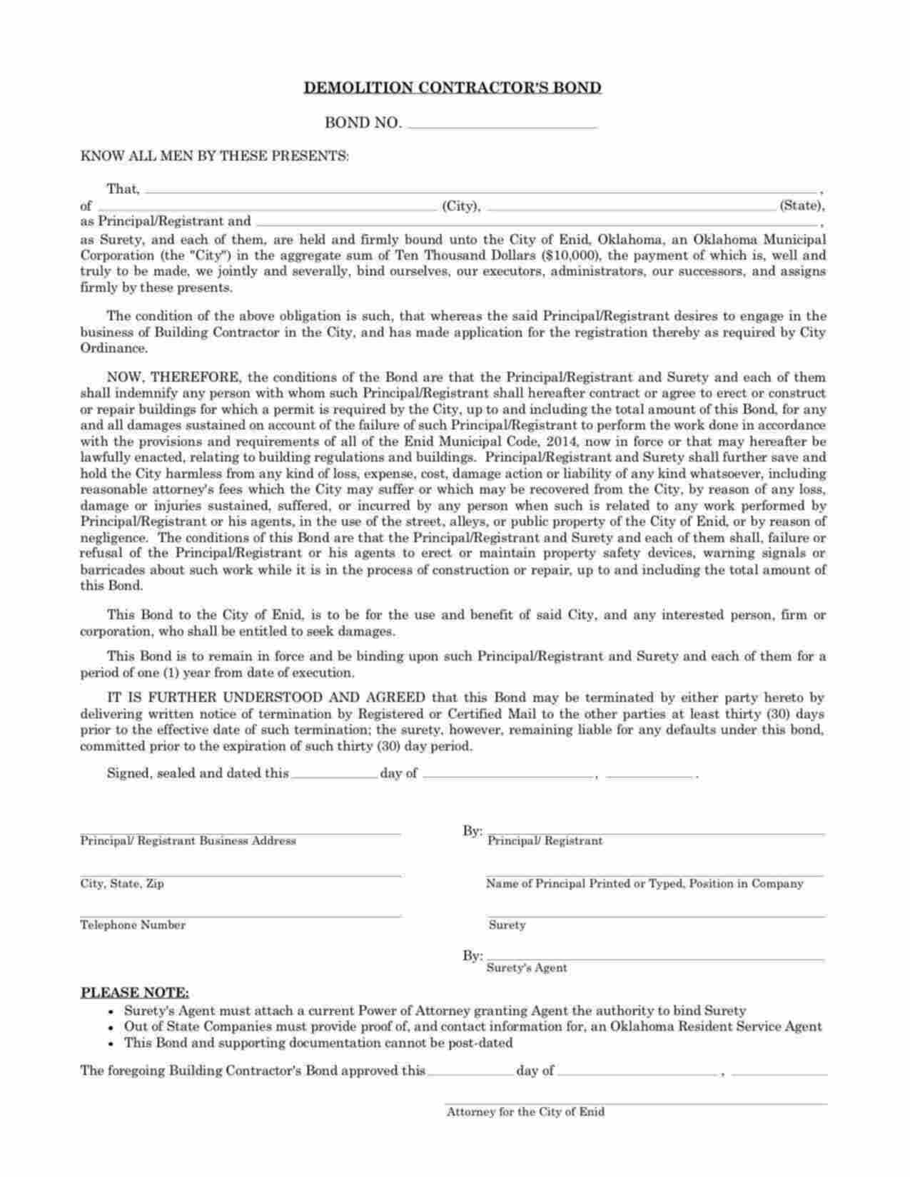 Oklahoma Demolition Contractor Bond Form