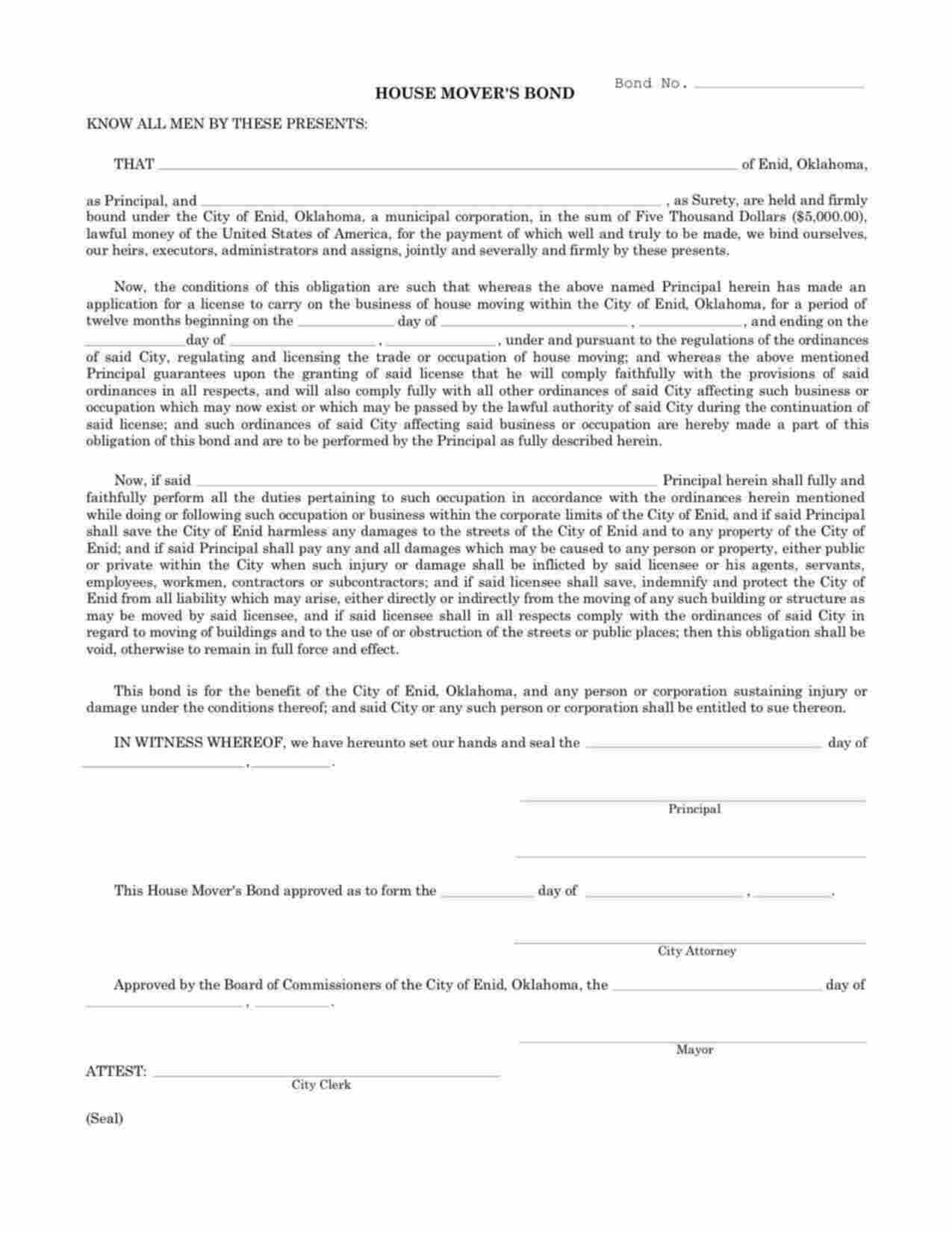 Oklahoma House Mover Bond Form