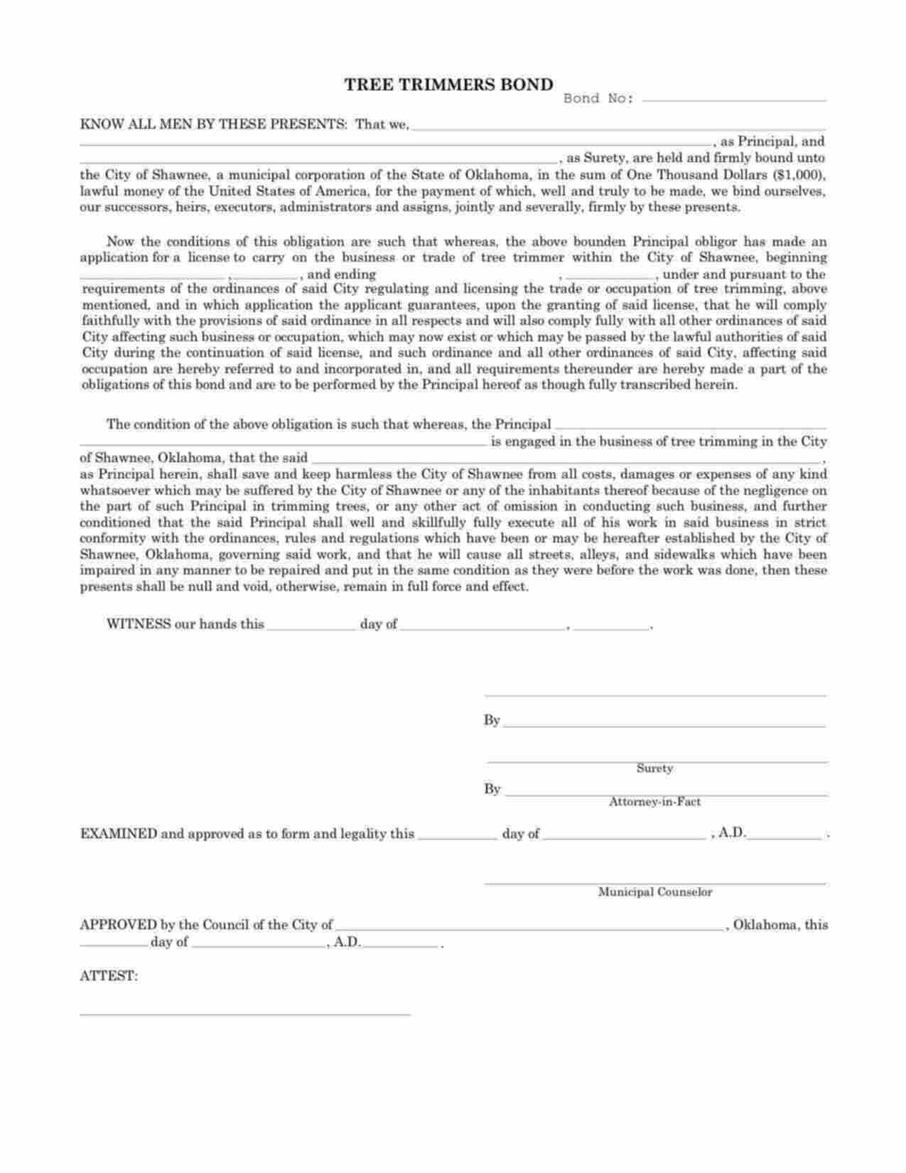 Oklahoma Tree Trimmer Bond Form