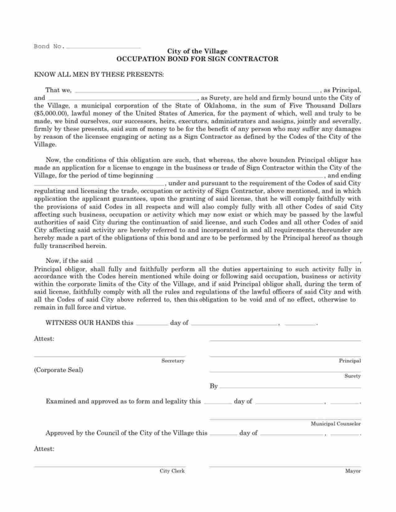 Oklahoma Sign Contractor Bond Form