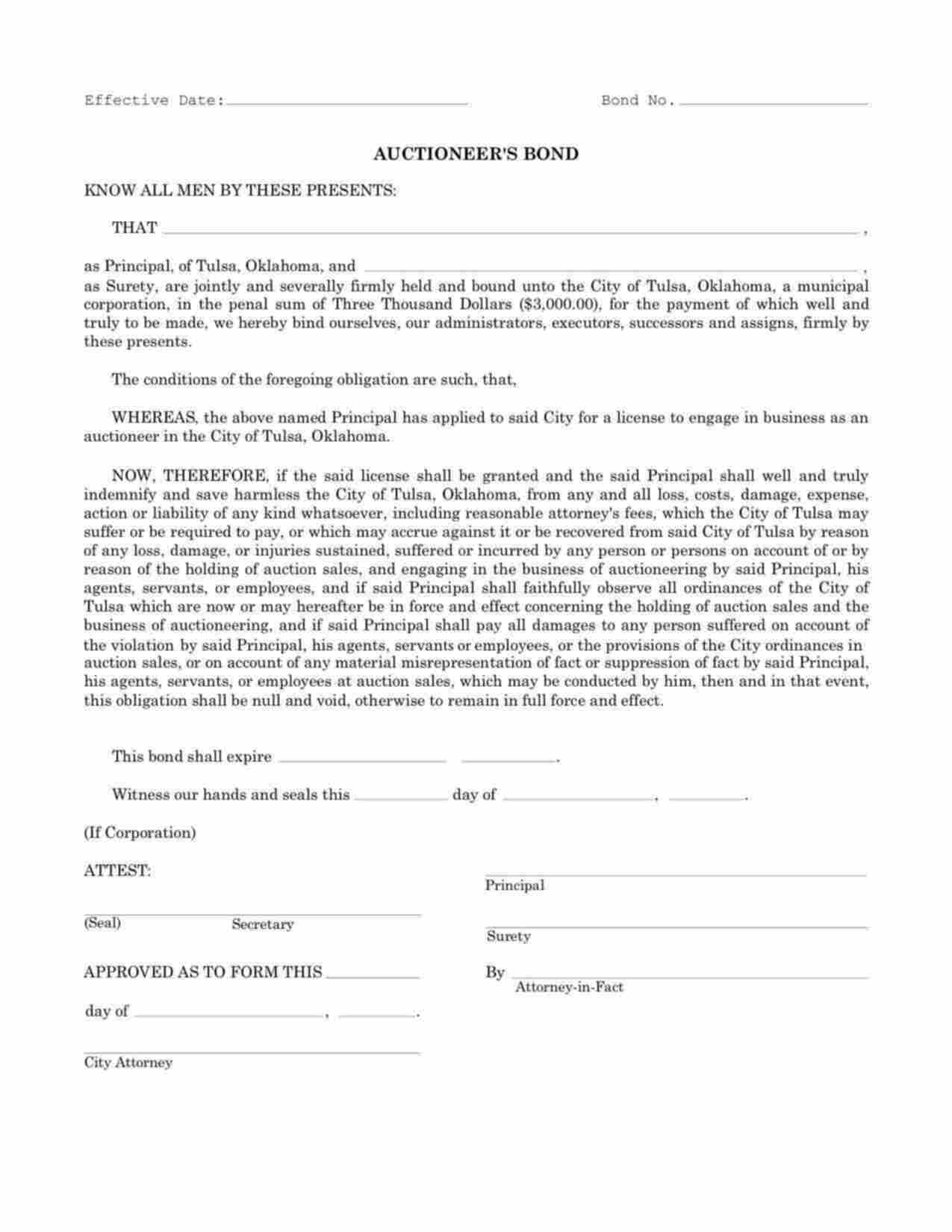 Oklahoma Auctioneer Bond Form