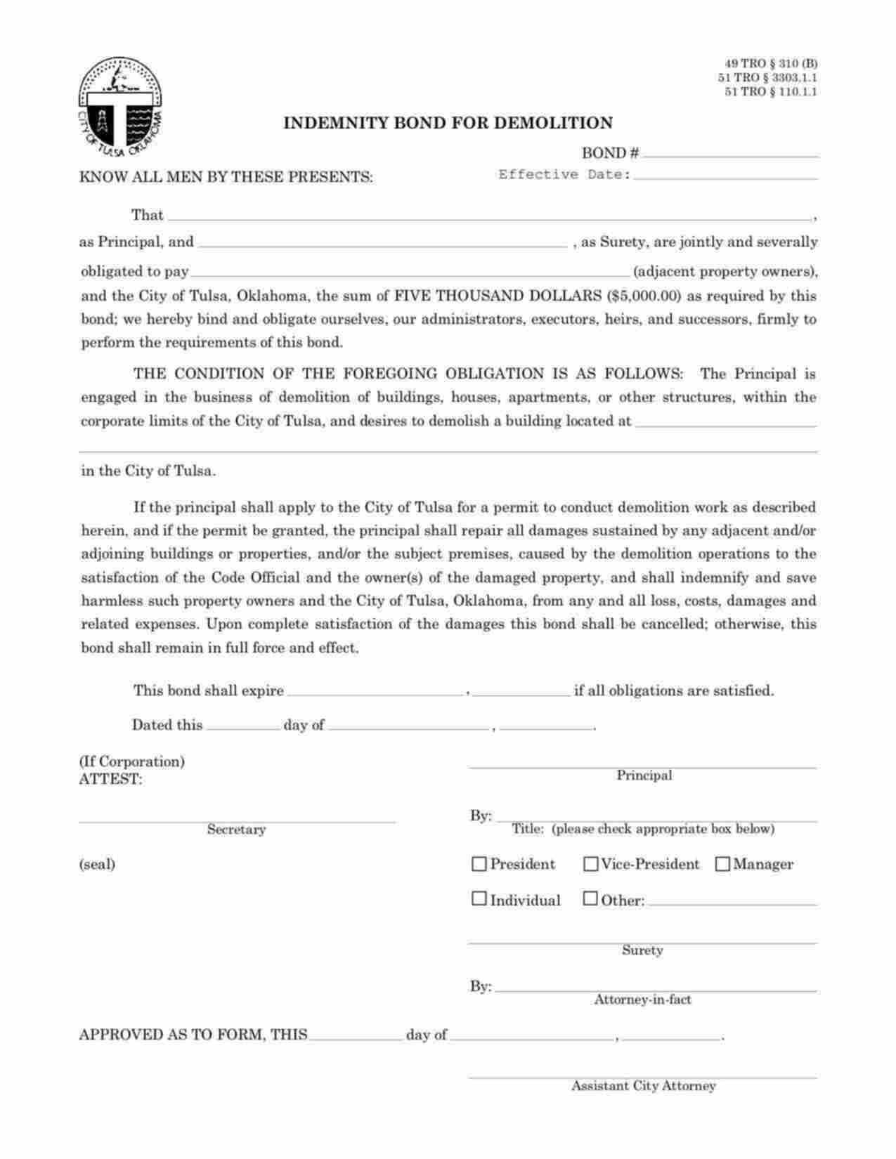 Oklahoma Demolition Bond Form