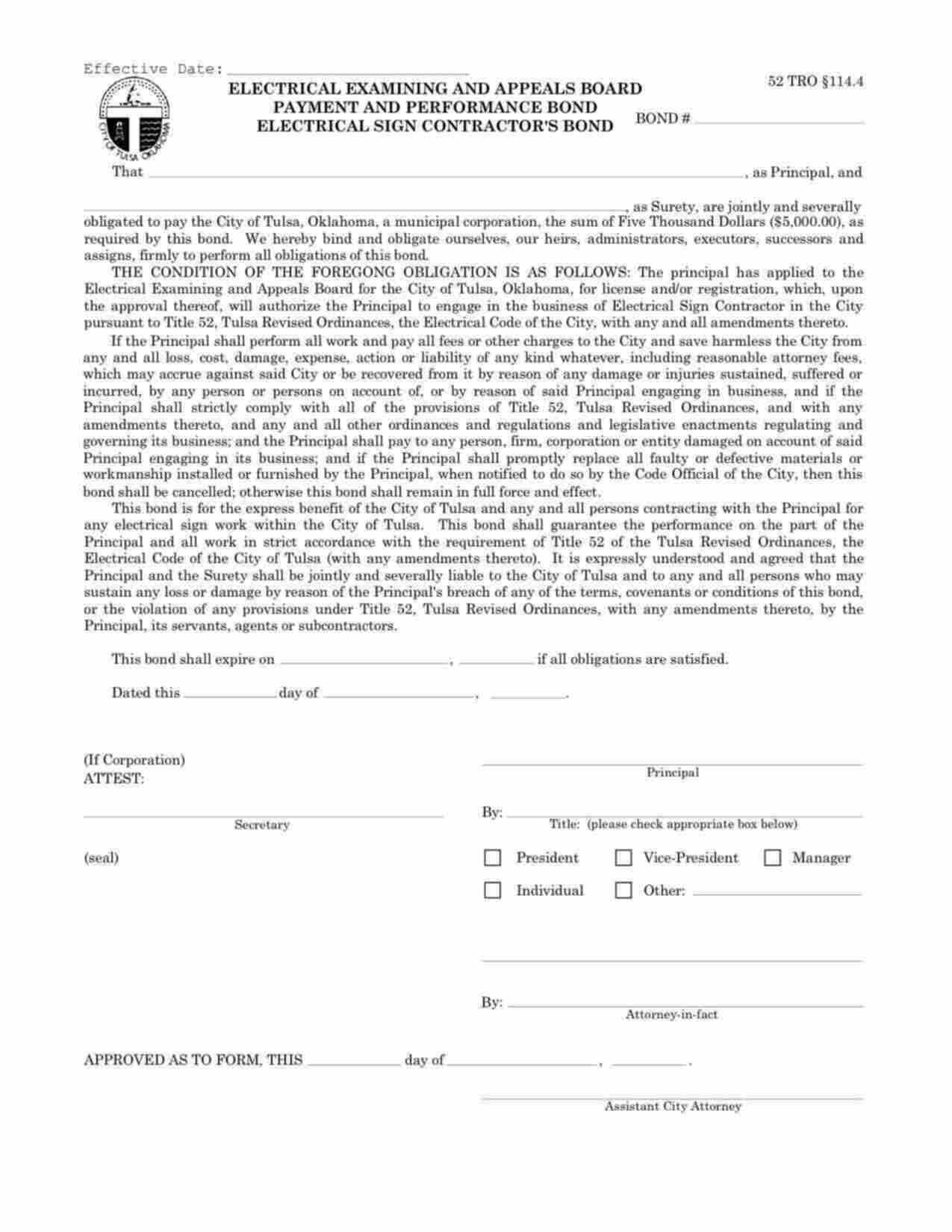 Oklahoma Electrical Sign Contractor Bond Form