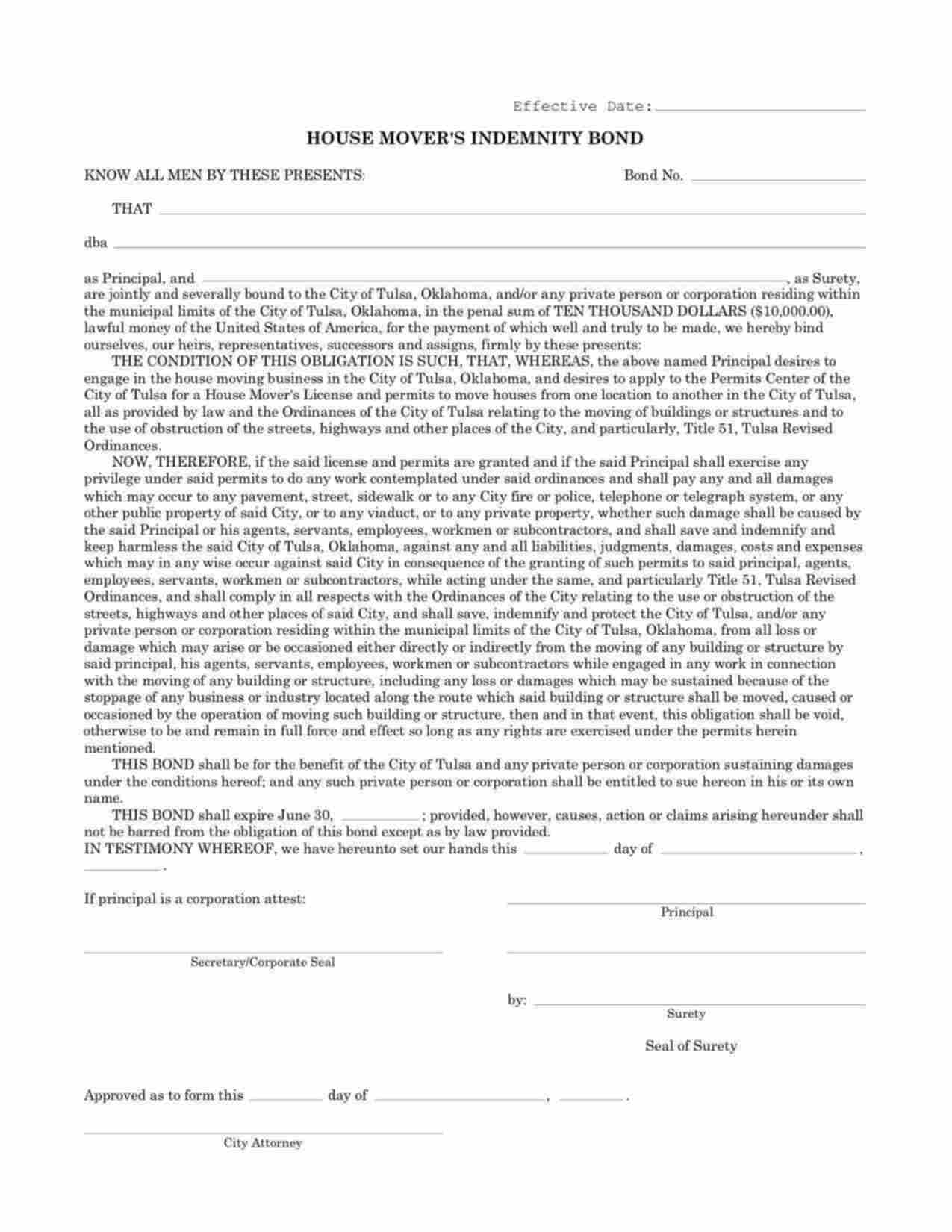 Oklahoma House Mover Bond Form