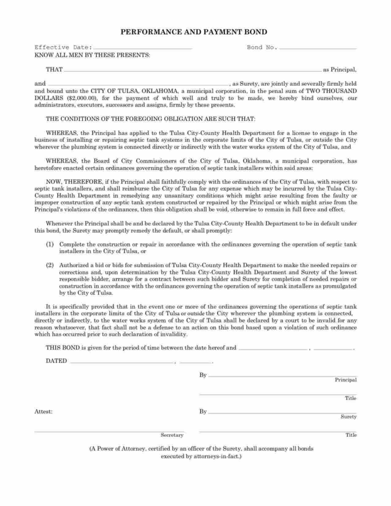 Oklahoma Septic Tank Installer Bond Form