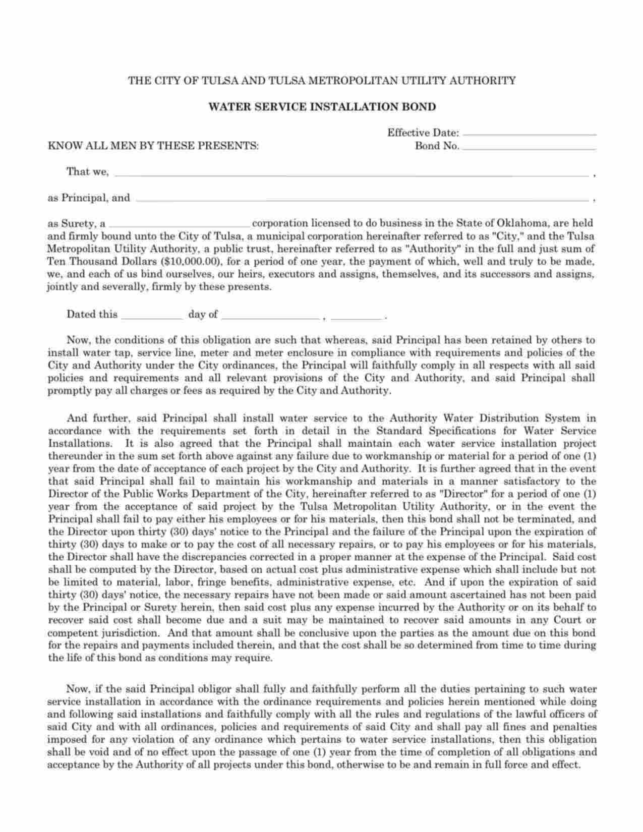 Oklahoma Water Service Installation Bond Form