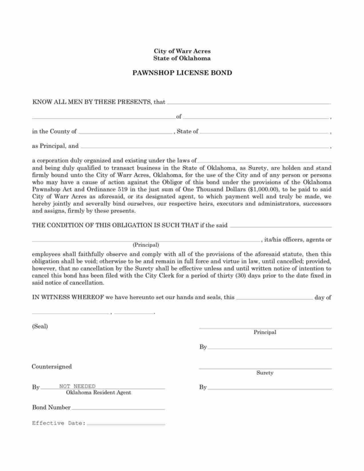 Oklahoma Pawnshop License Bond Form