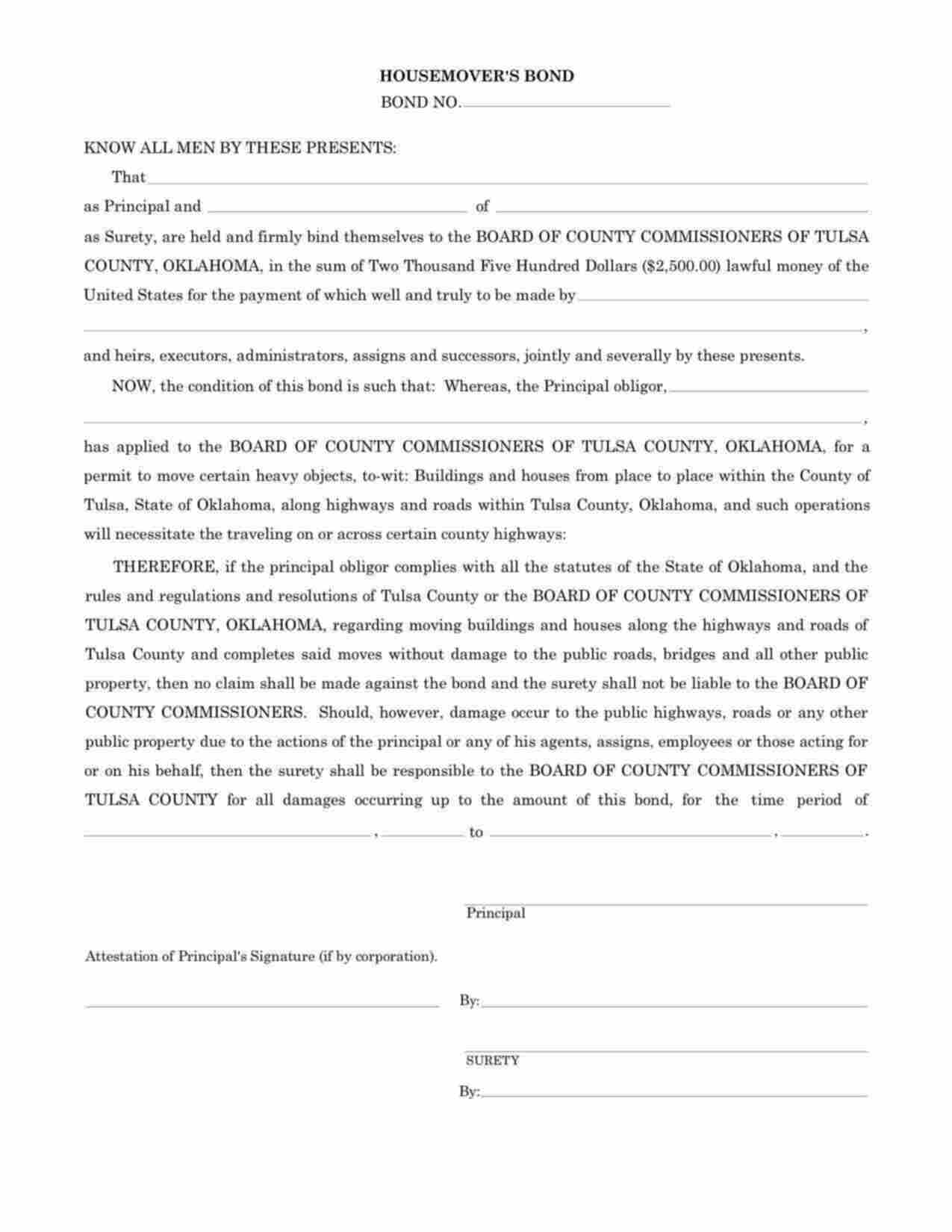 Oklahoma House Mover Bond Form