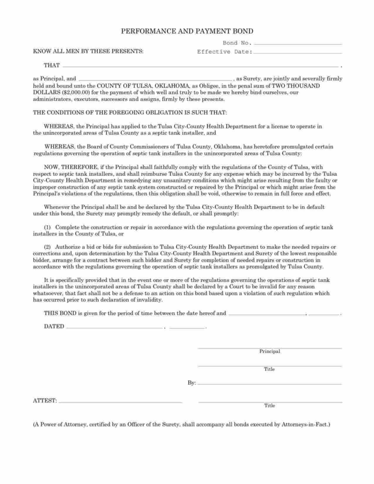 Oklahoma Septic Tank Installer Performance and Payment Bond Form