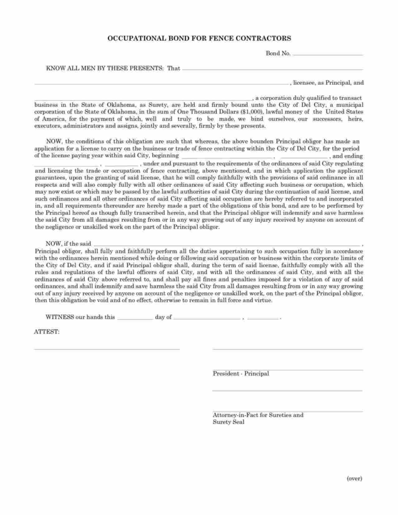 Oklahoma Fence Contractor Bond Form