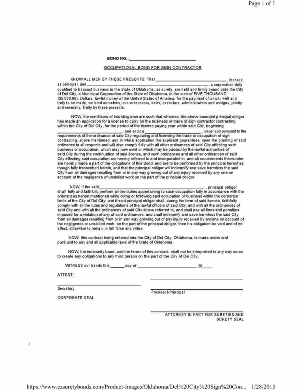 Oklahoma Sign Contractor Bond Form