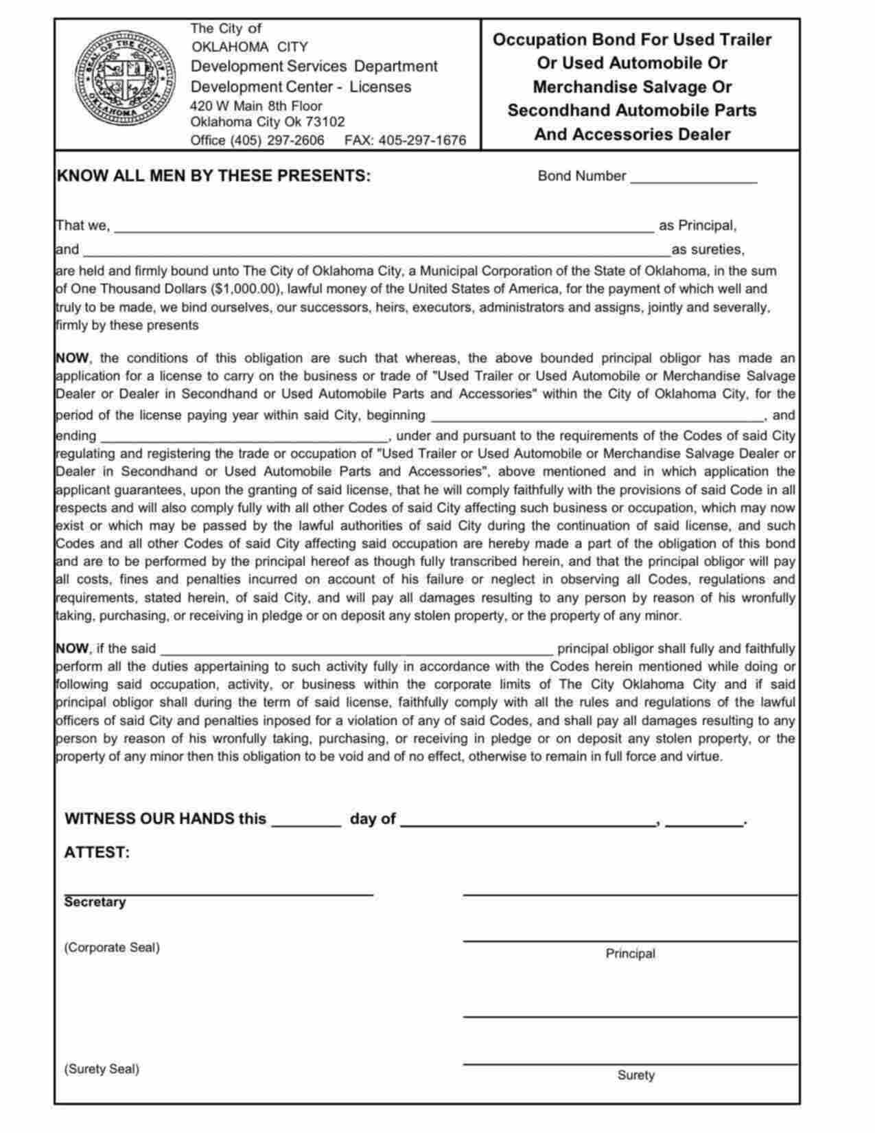 Oklahoma Used Trailer/Used Auto/Salvage/Parts Dealer Bond Form