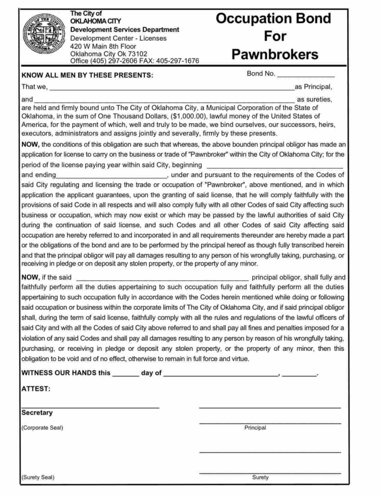 Oklahoma Pawnbroker Bond Form