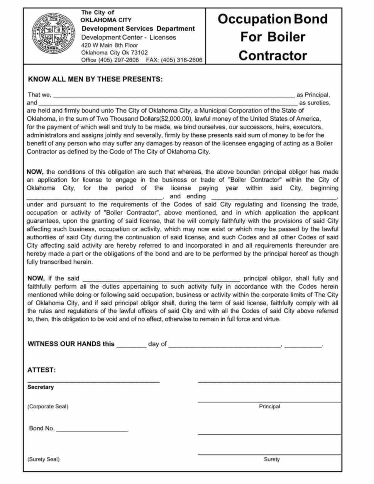 Oklahoma Boiler Contractor Bond Form