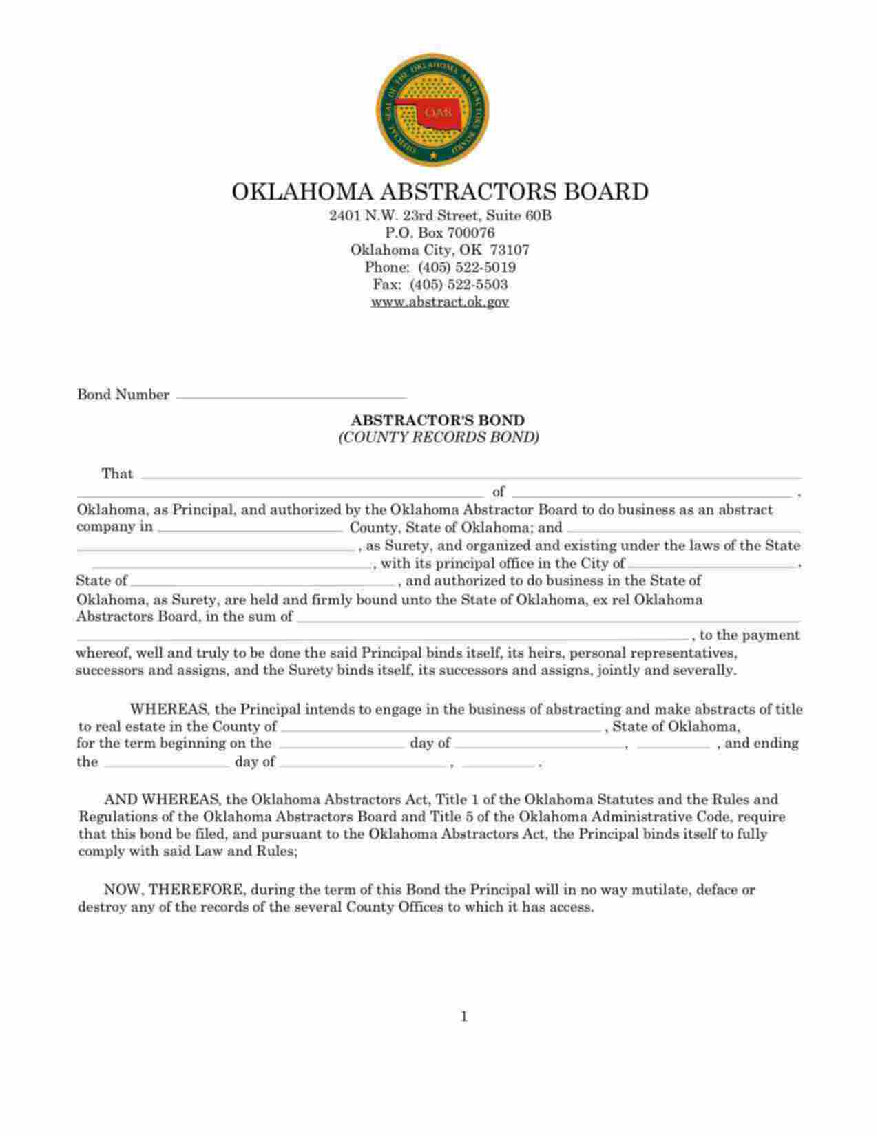 Oklahoma Abstractor (Title Agent) Bond Form