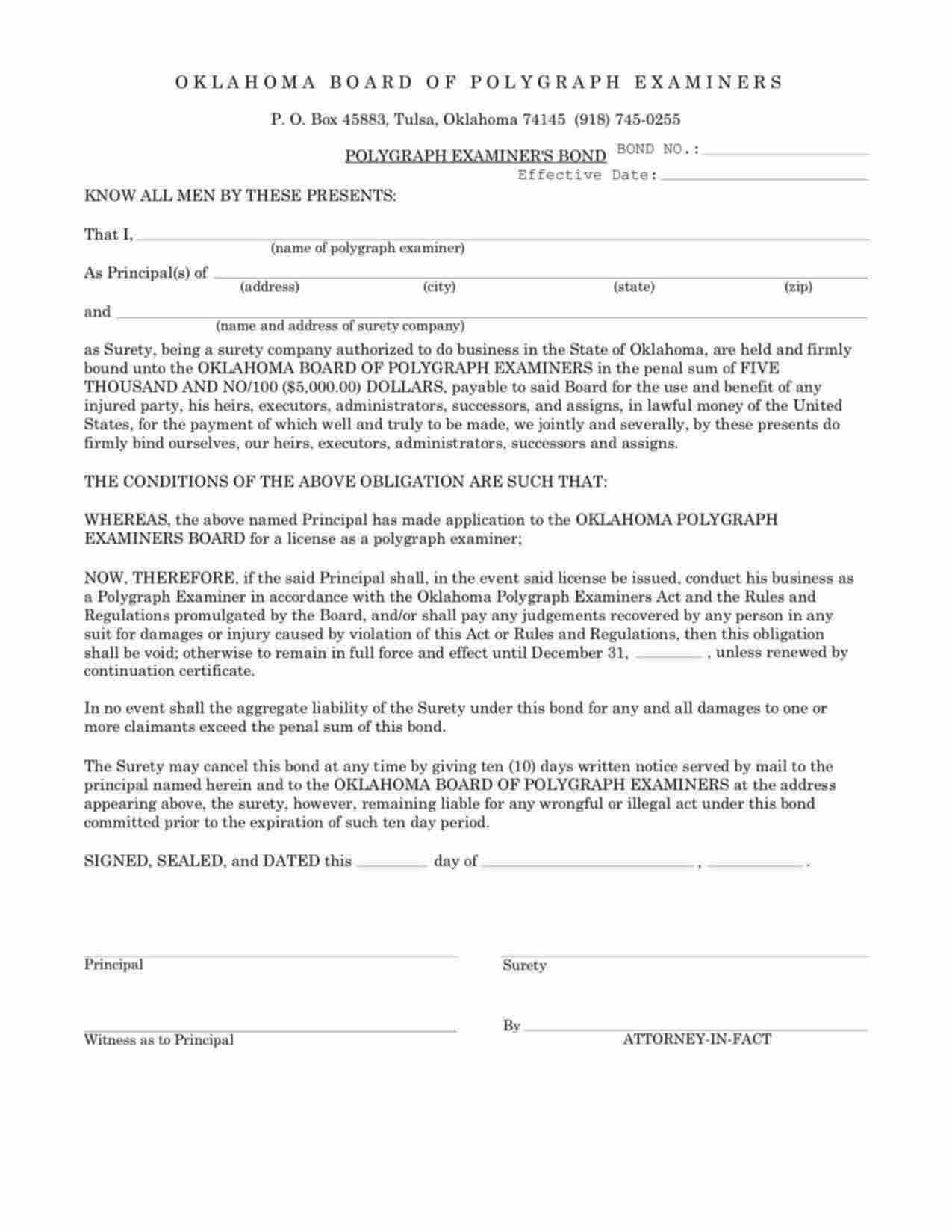 Oklahoma Polygraph Examiner Bond Form