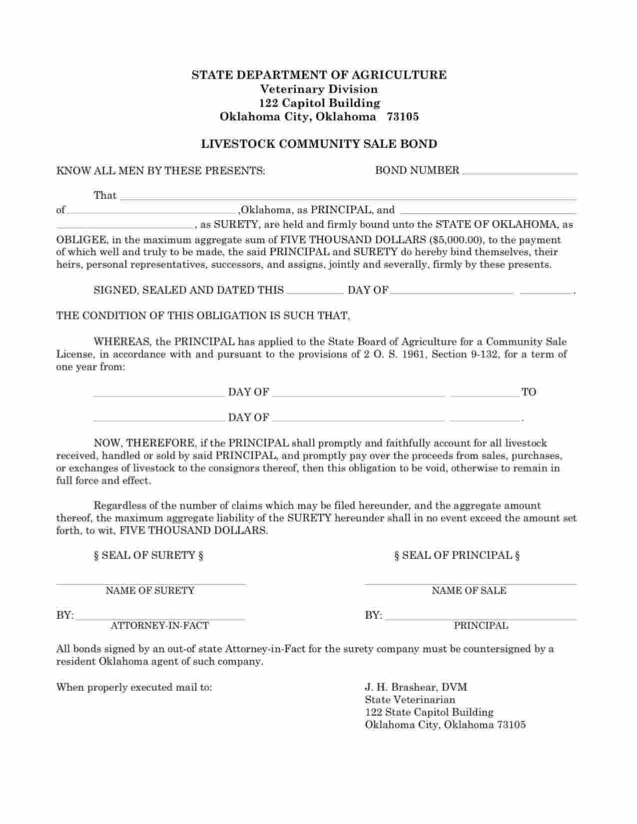 Oklahoma Livestock Community Sale Bond Form