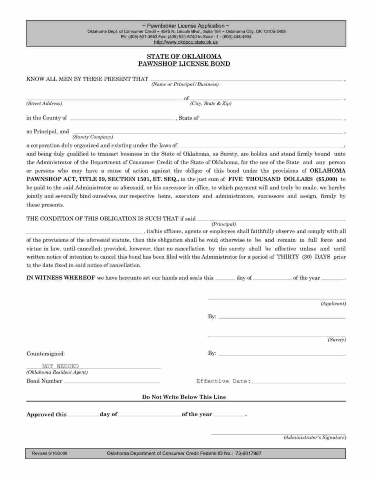 Oklahoma Pawnshop License Bond Form