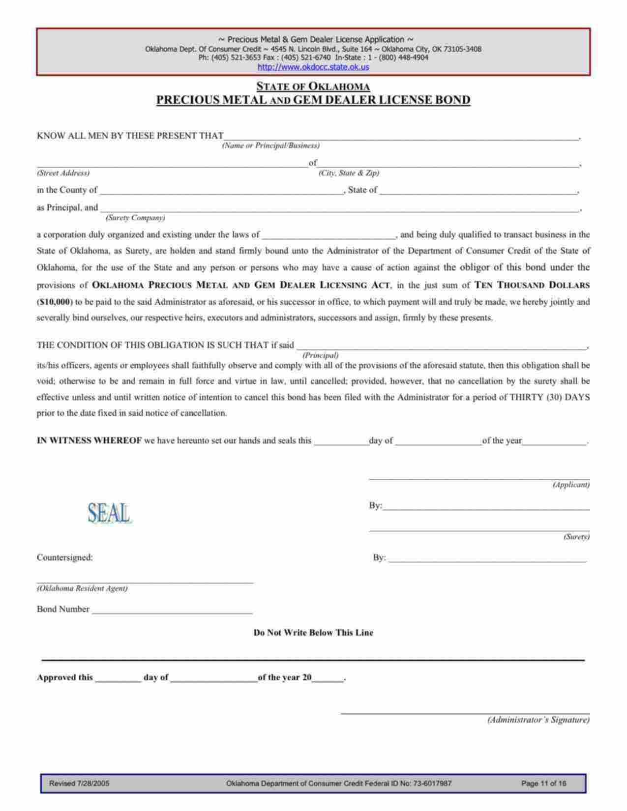 Oklahoma Precious Metal and Gem Dealer Bond Form