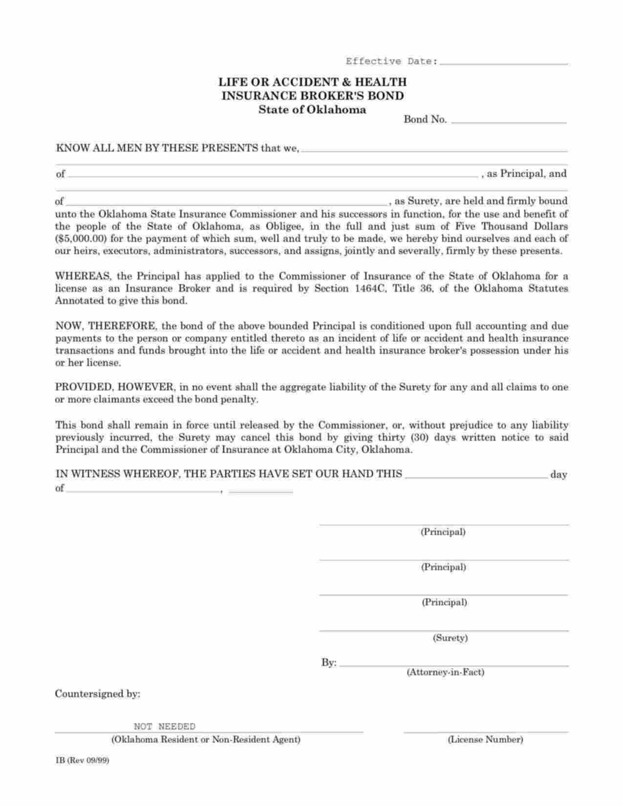 Oklahoma Life or Accident & Health Insurance Broker Bond Form