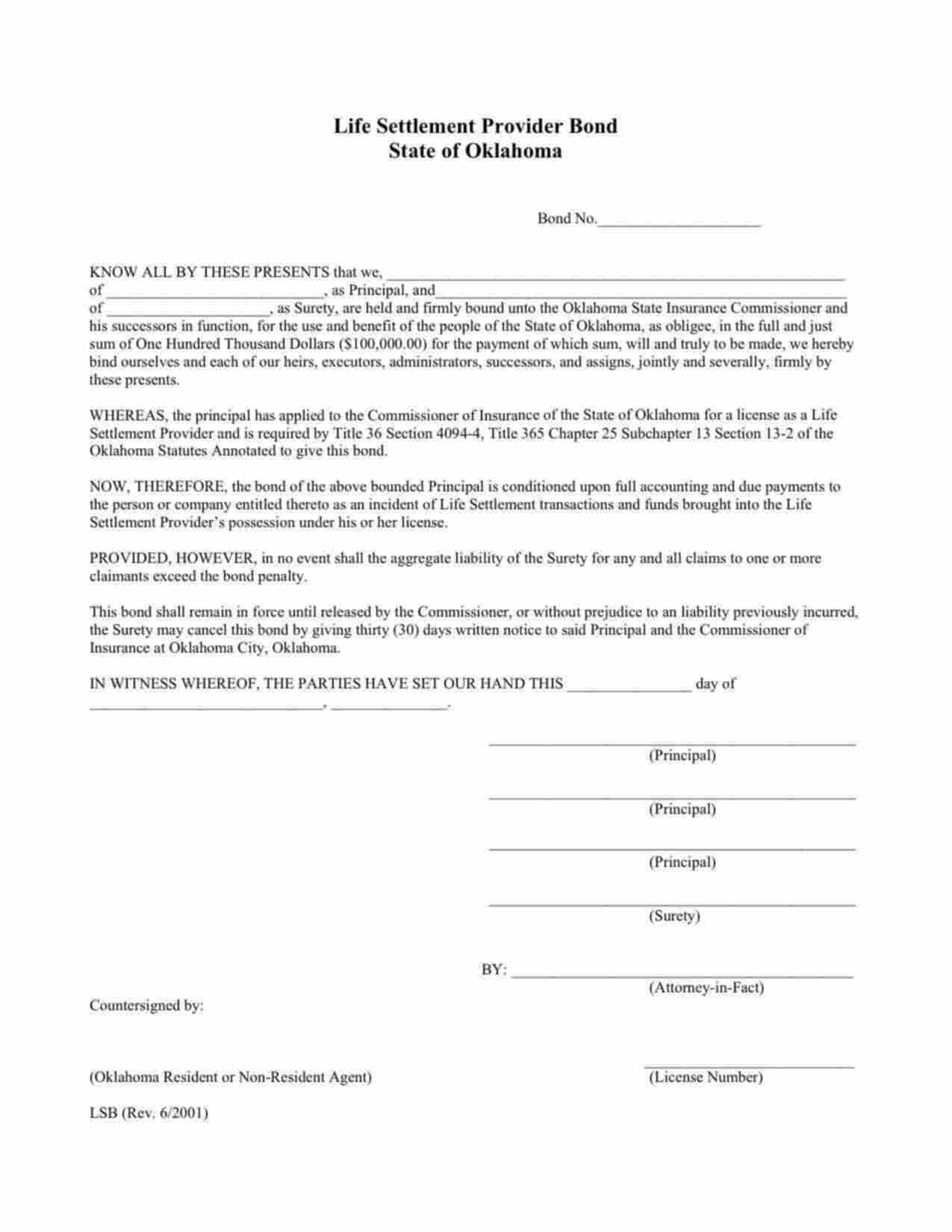 Oklahoma Life Settlement Provider Bond Form