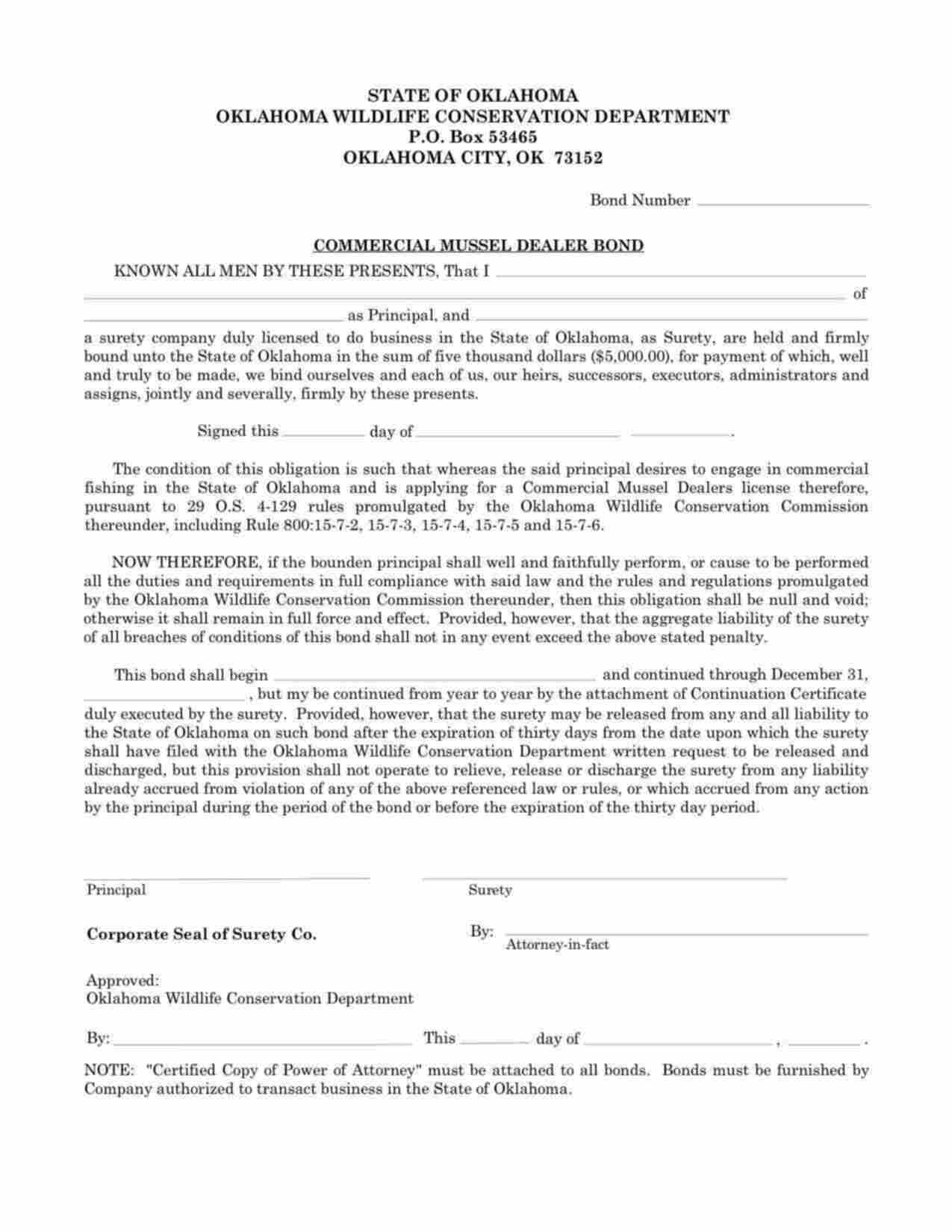 Oklahoma Commercial Mussel Dealer Bond Form