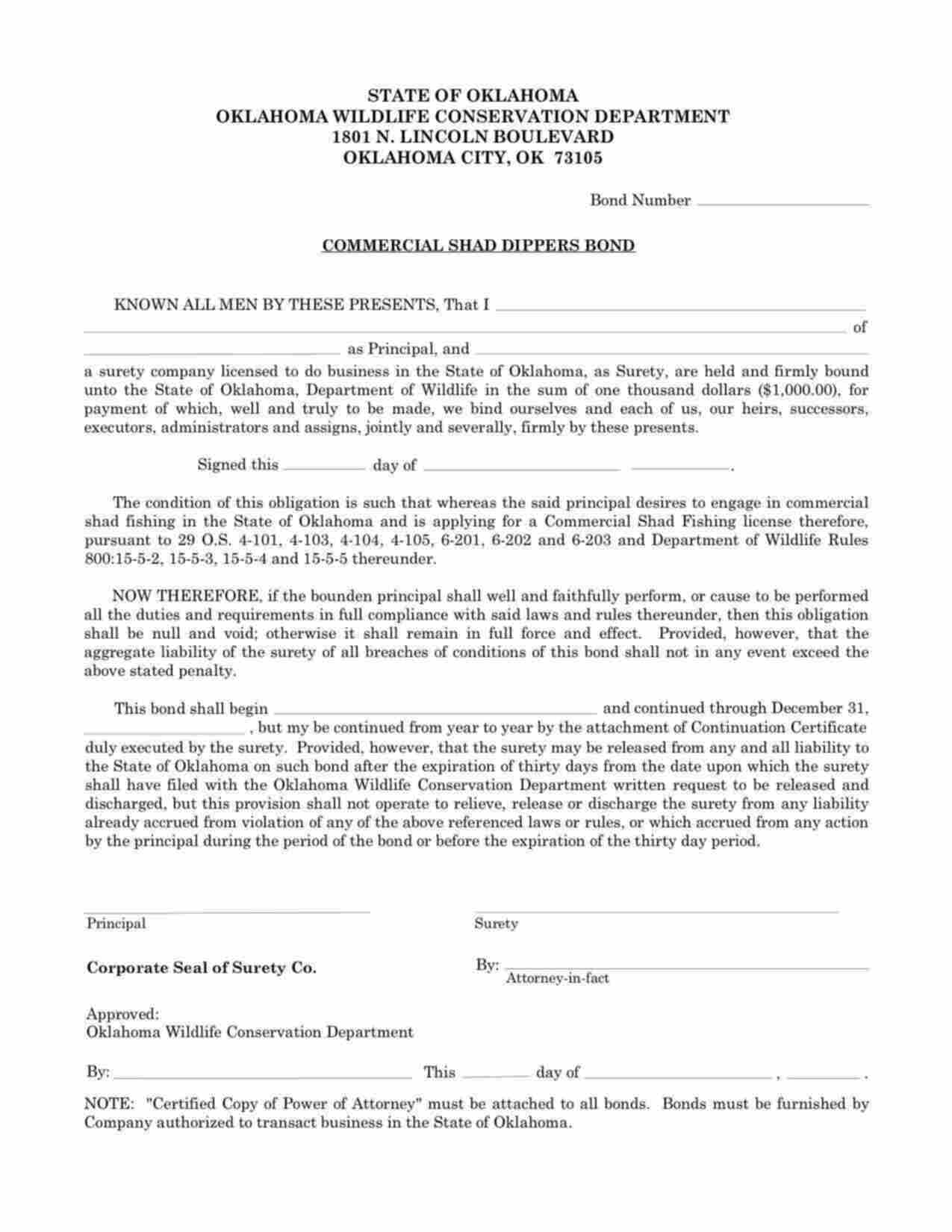 Oklahoma Commercial Shad Dippers Bond Form