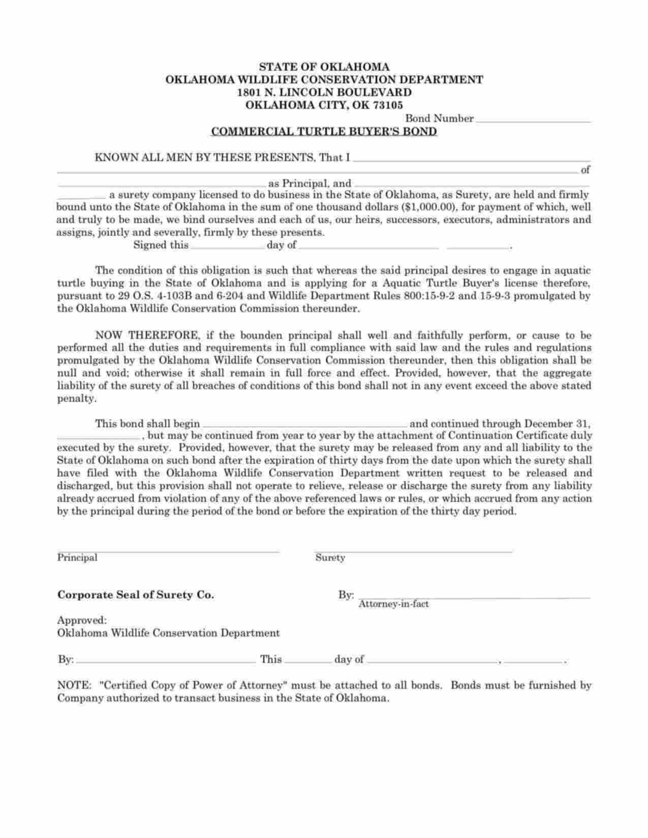 Oklahoma Commercial Turtle Buyer Bond Form