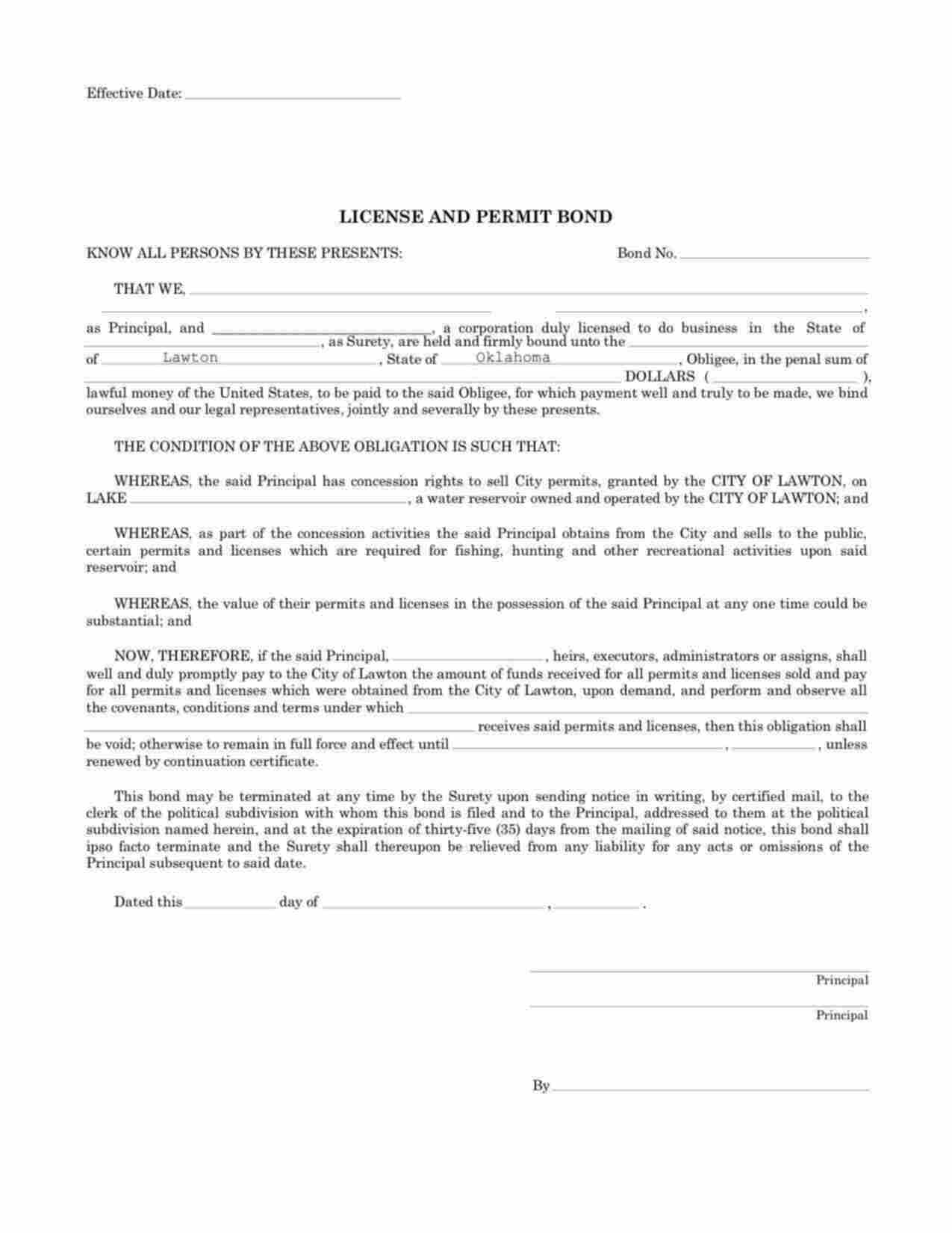 Oklahoma Fishing and Hunting License Agent - Lake Lawtonka Bond Form