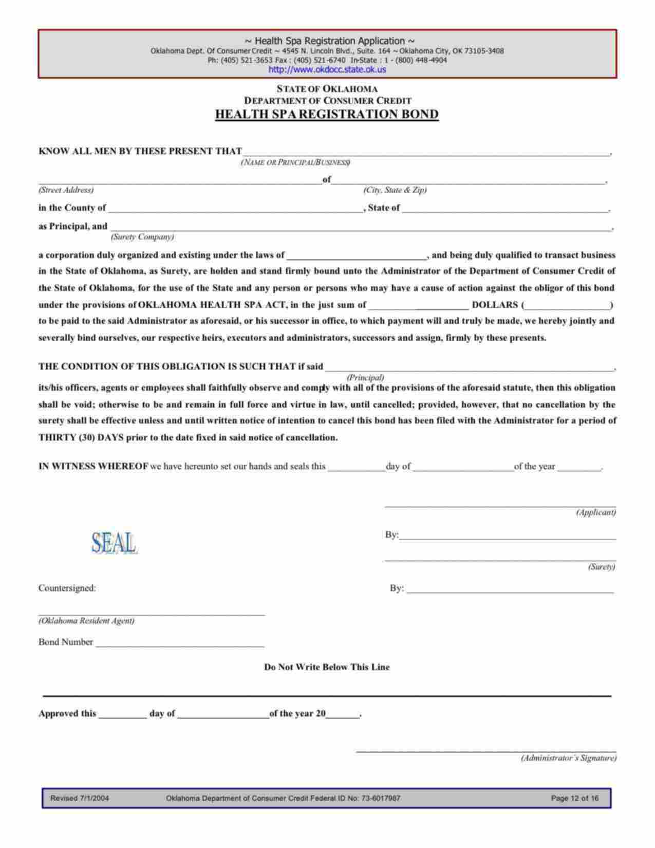 Oklahoma Health Spa Registration Bond Form