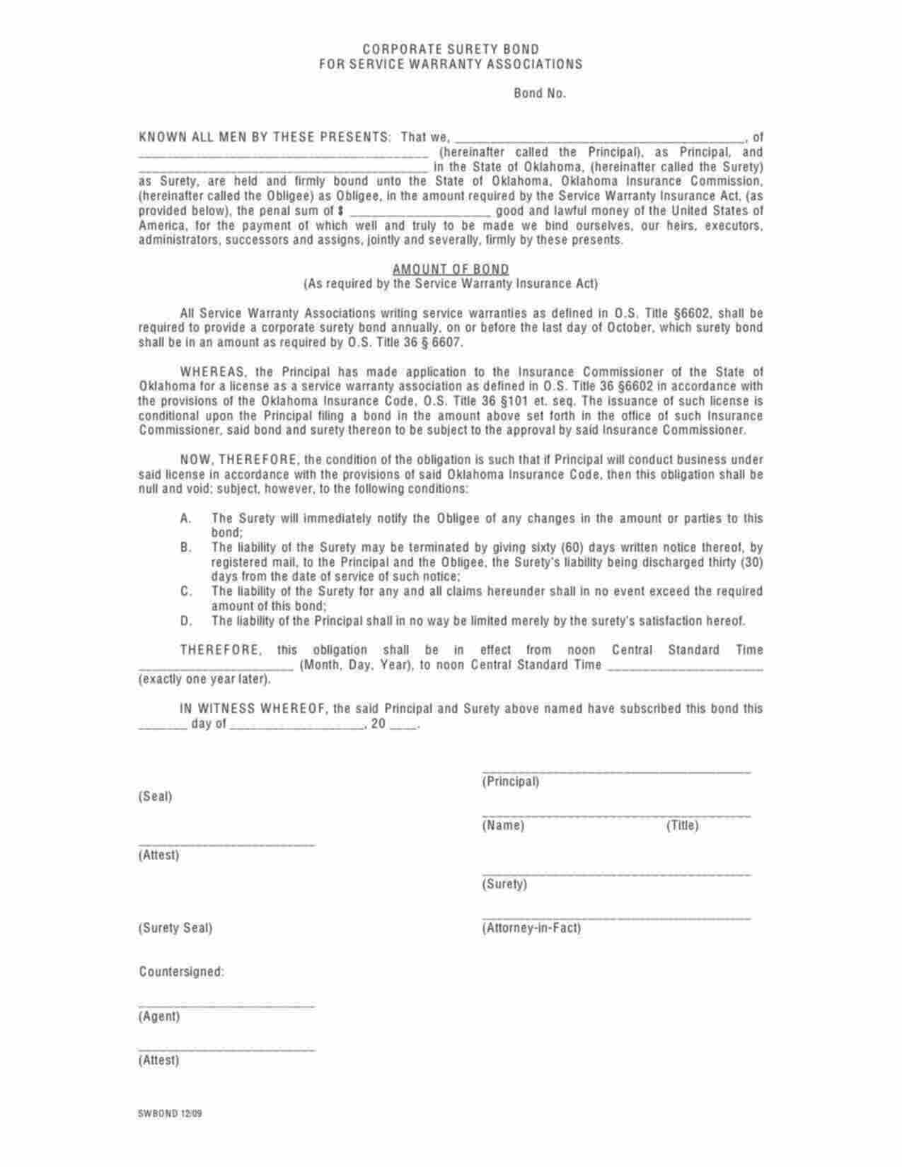 Oklahoma Service Warranty Associations Bond Form