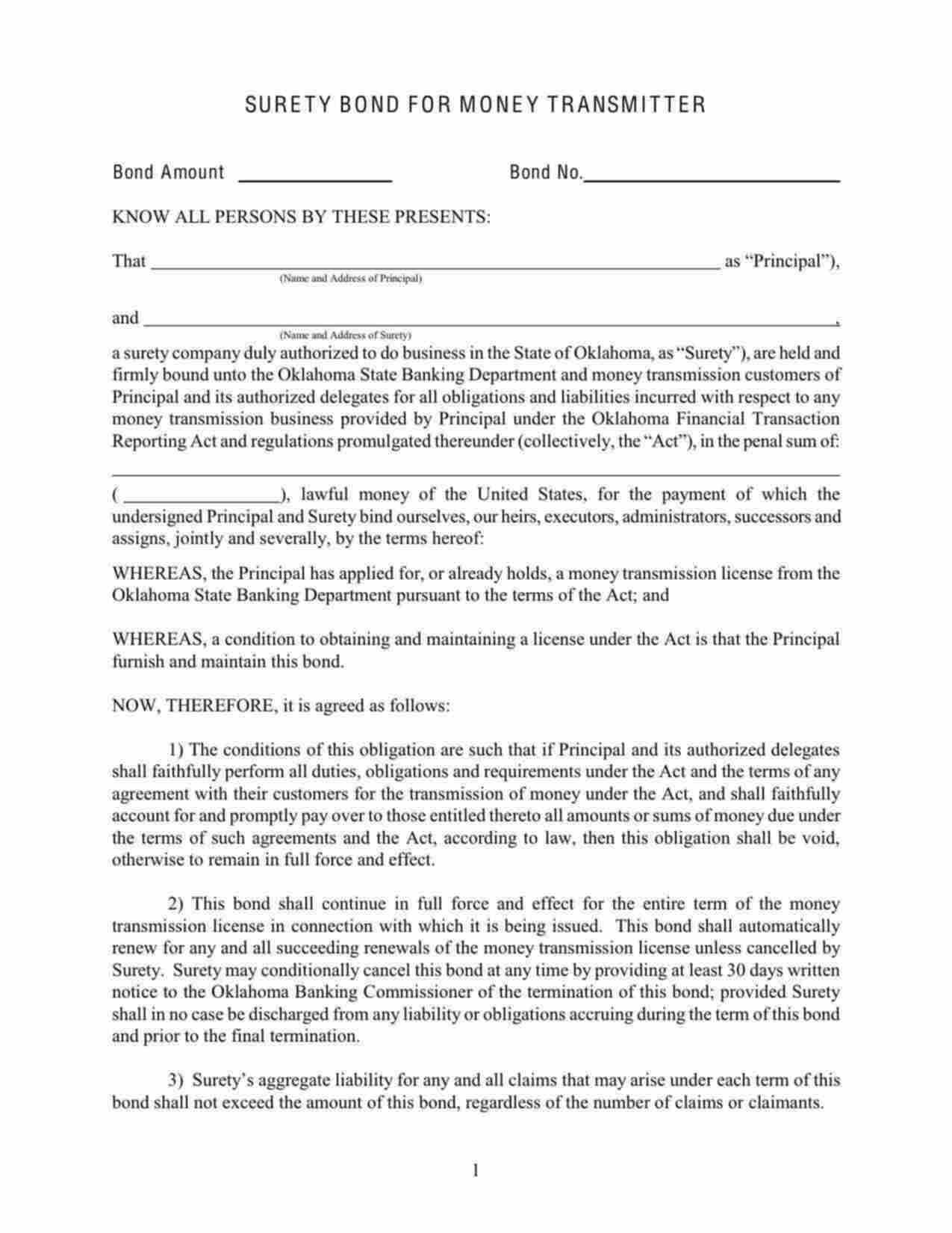 Oklahoma Money Transmitter Bond Form