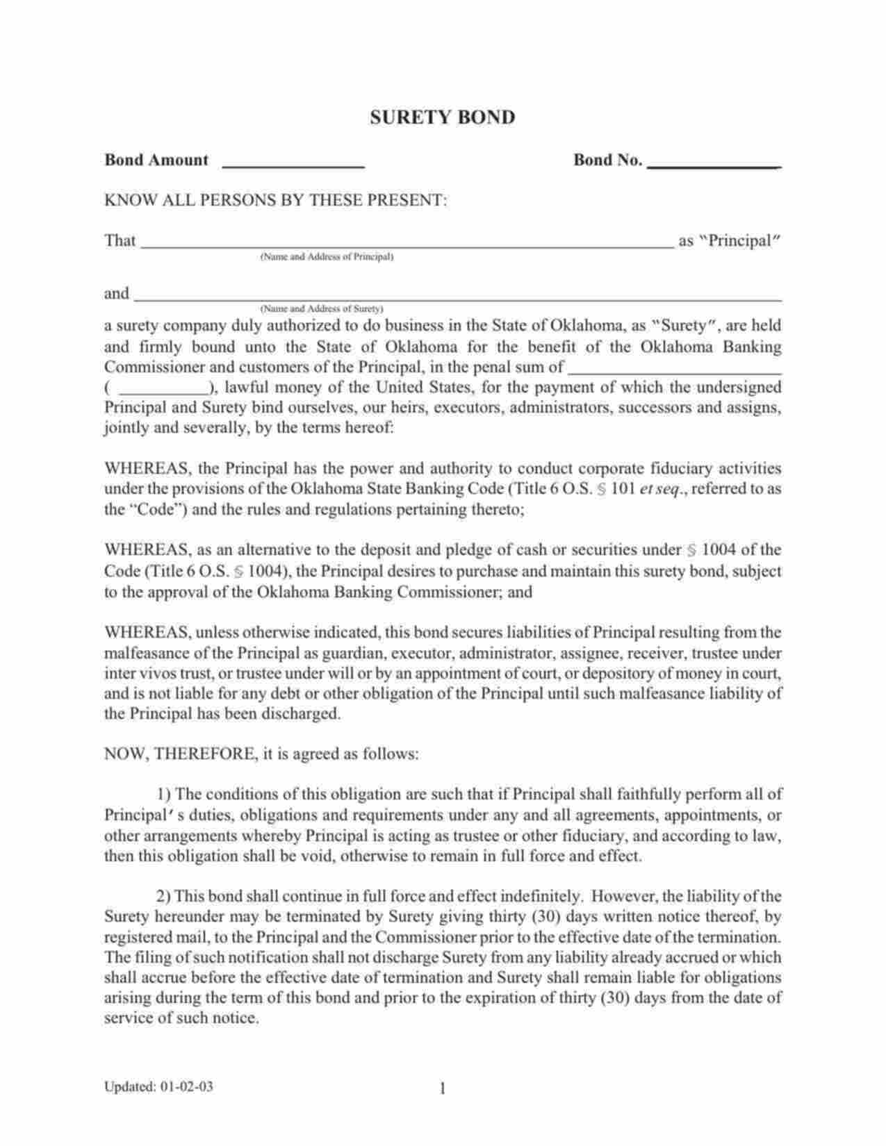 Oklahoma Bank or Trust Company Fiduciary Activities Bond Form