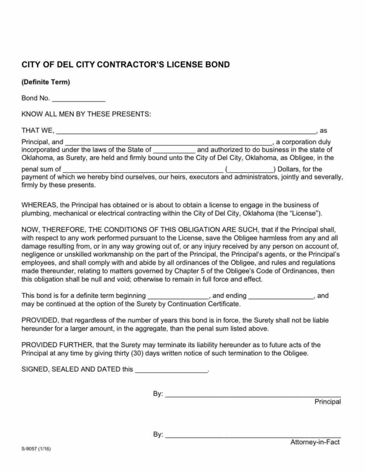 Oklahoma Plumbing, Mechanical or Electrical Contracting Bond Form