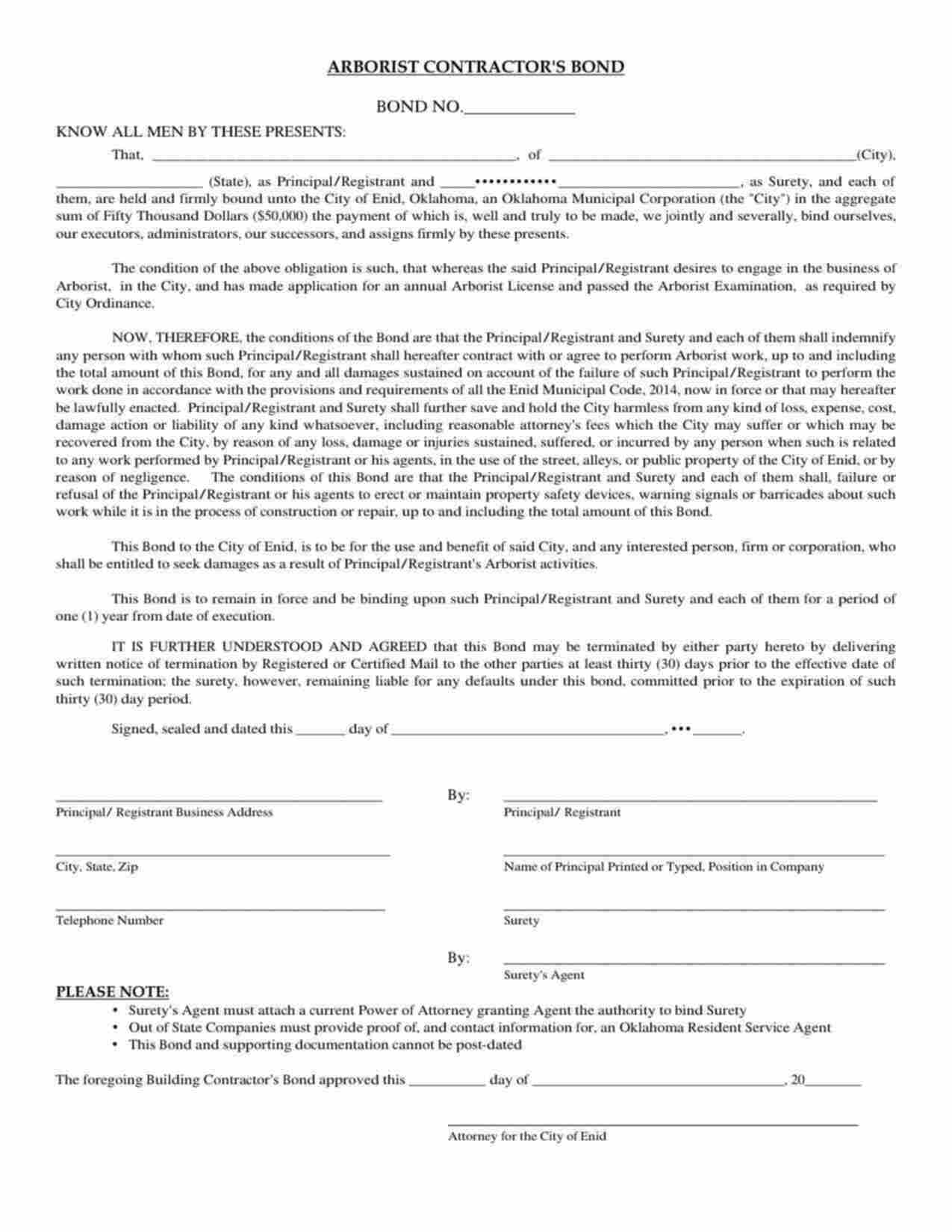 Oklahoma Arborist Contractor Bond Form