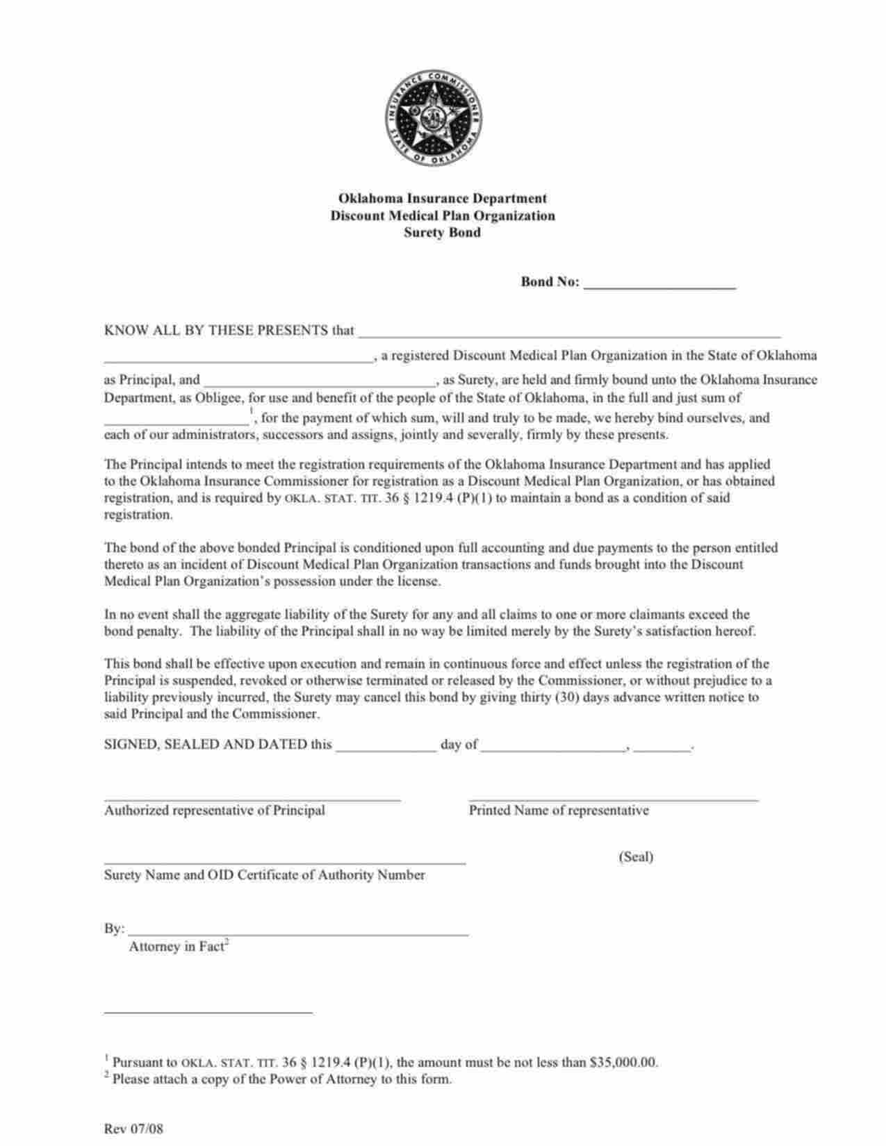 Oklahoma Discount Medical Plan Organization Bond Form