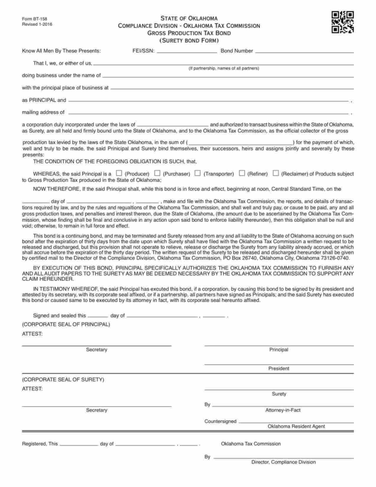 Oklahoma Gross Production Tax: Producer (BT-158) Bond Form