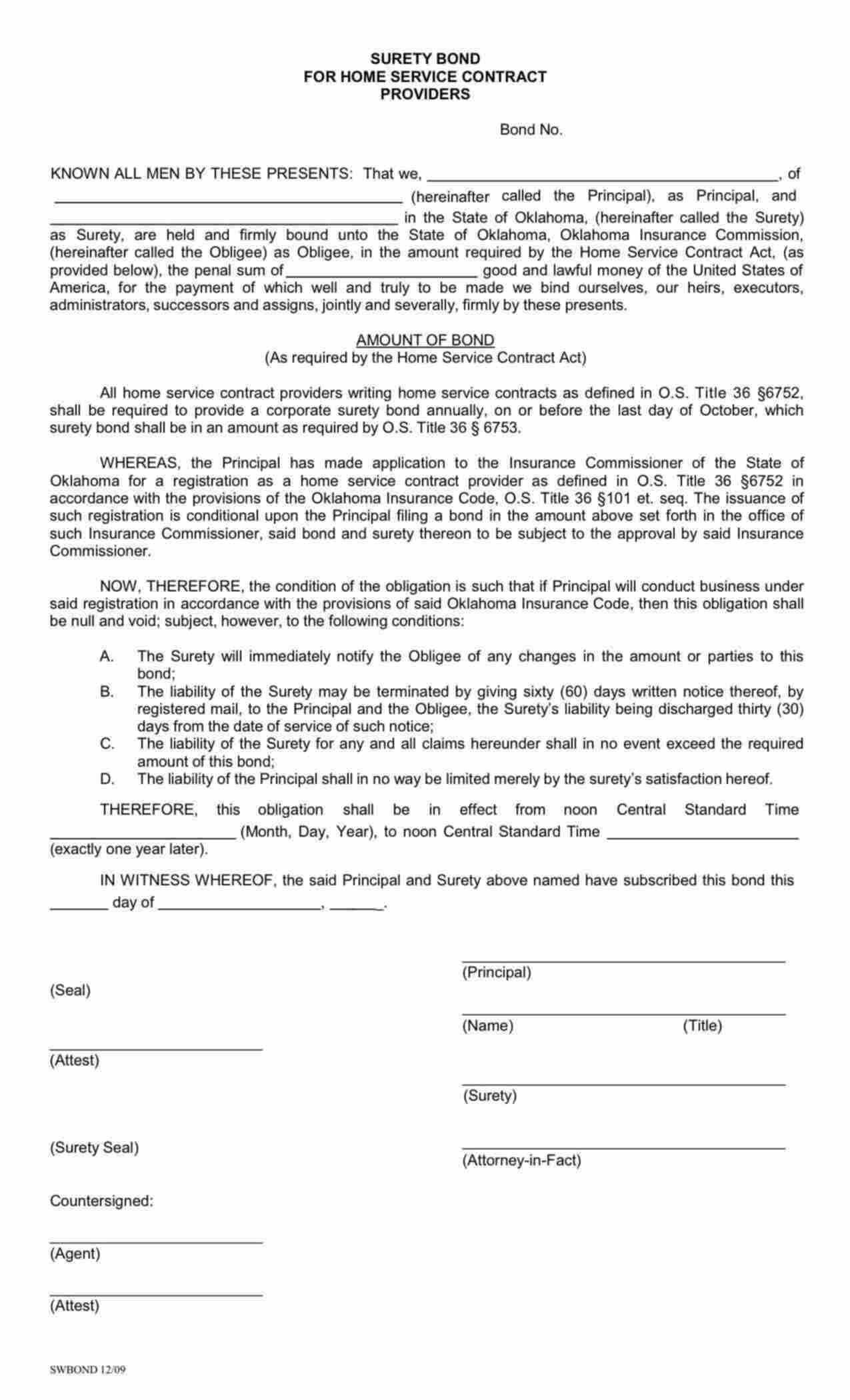 Oklahoma Home Service Contract Provider Bond Form