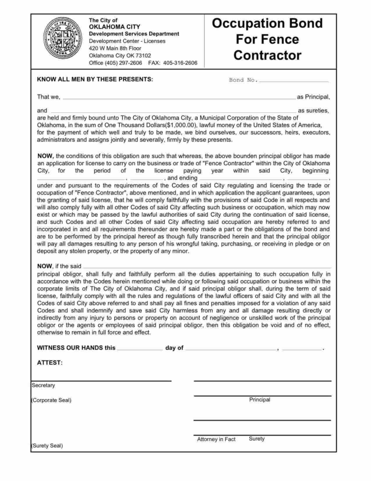 Oklahoma Fence Contractor Bond Form