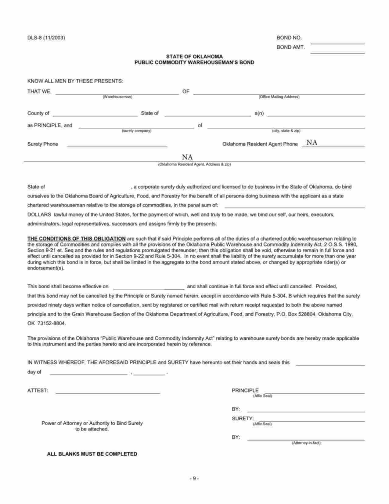 Oklahoma Public Commodity Warehouseman Bond Form