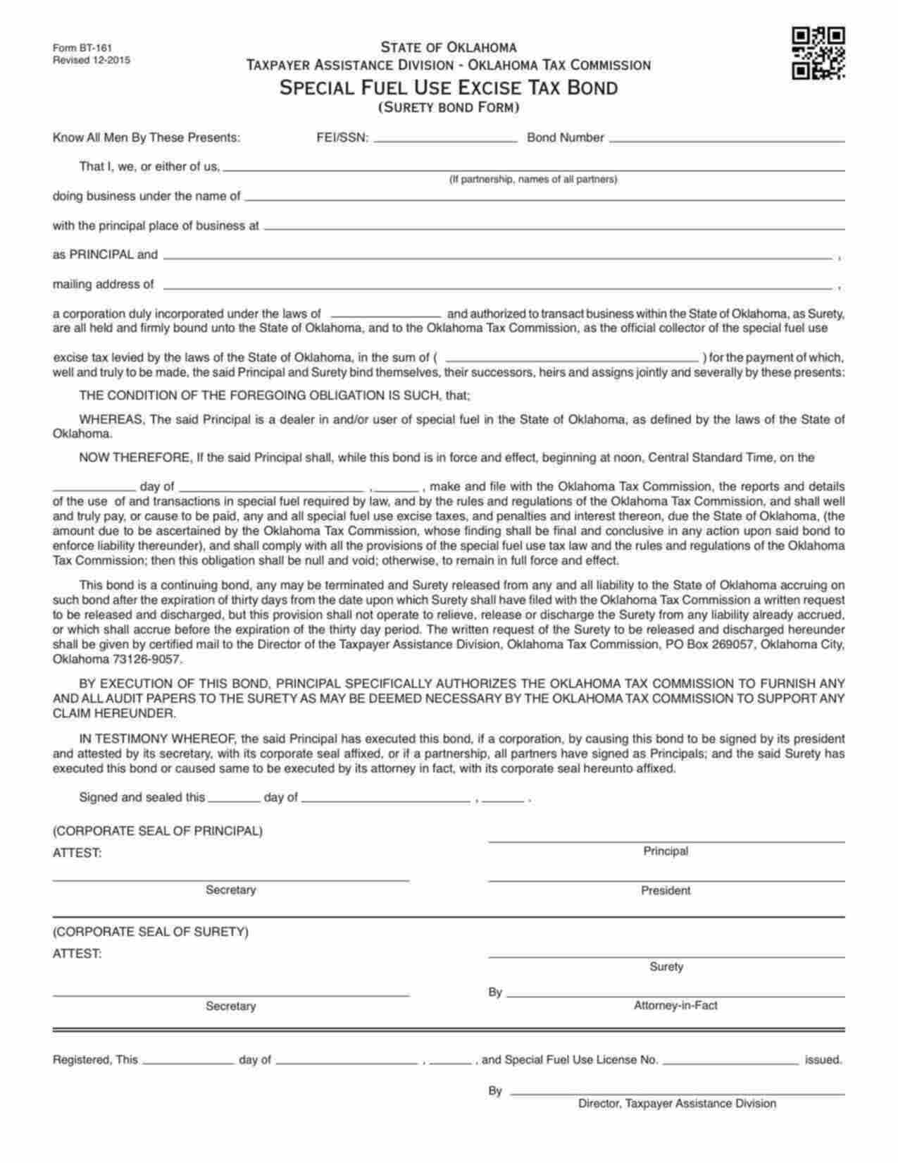 Oklahoma Special Fuel Use Excise Tax (BT-161) Bond Form