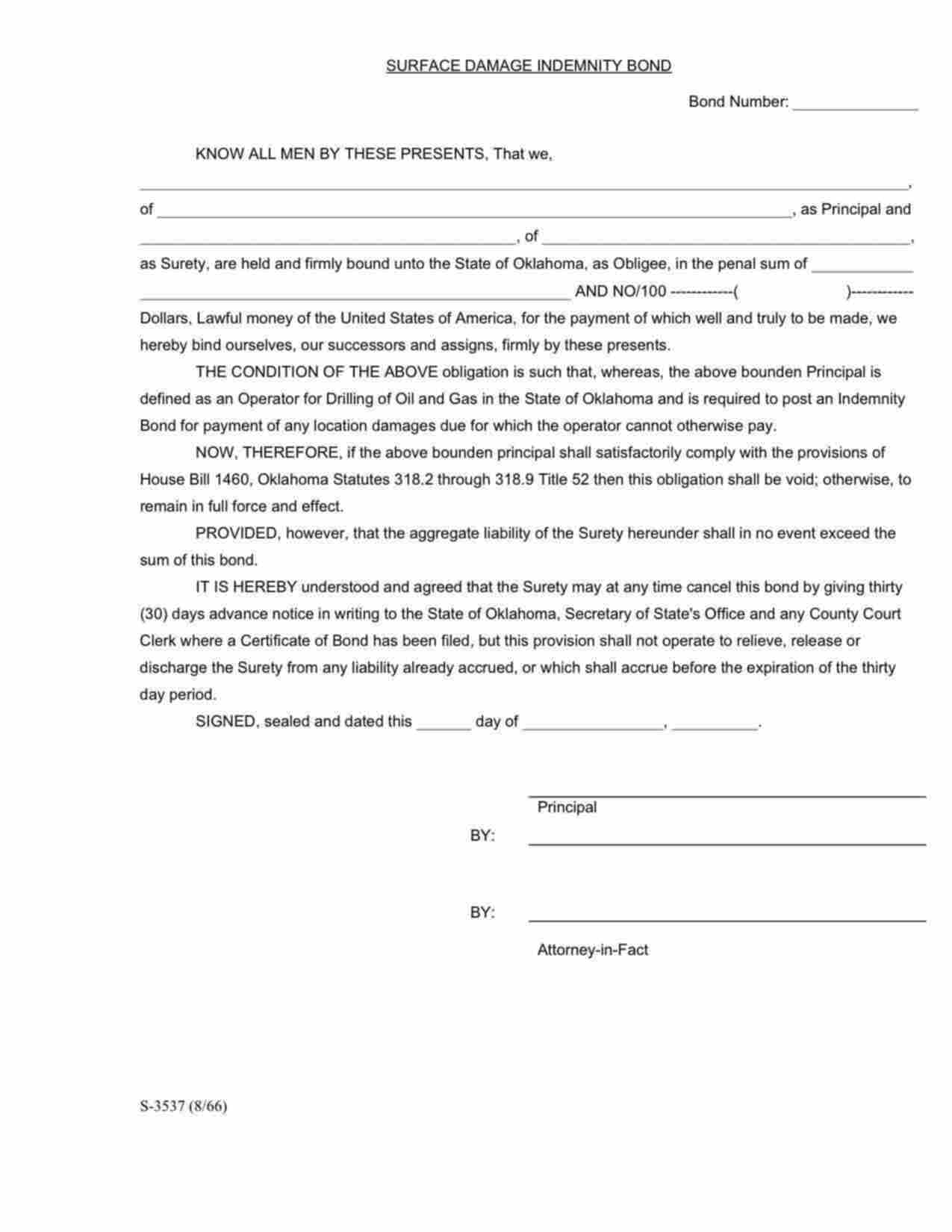 Oklahoma Oil and Gas Driller Surface Damage Indemnity Bond Form