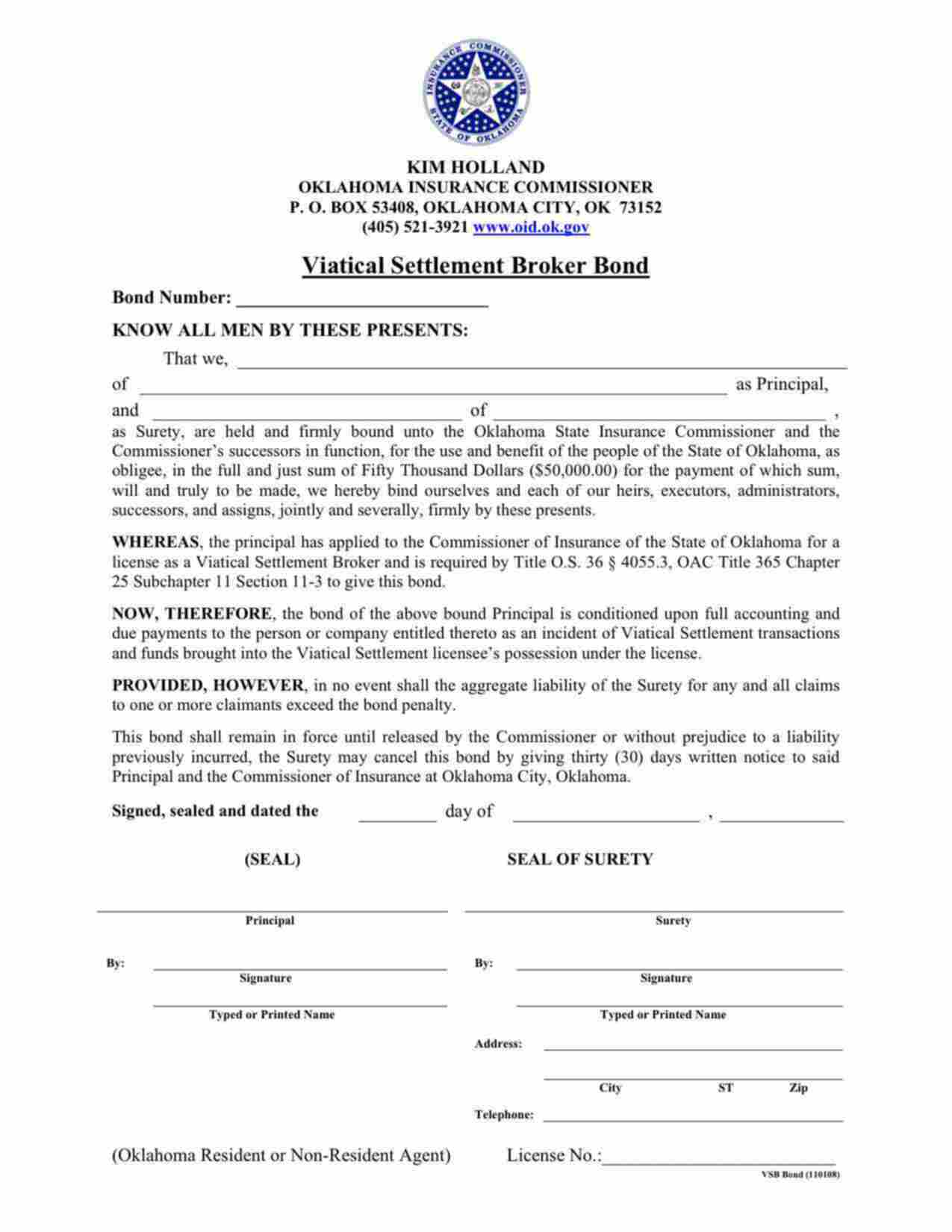 Oklahoma Viatical Settlement Broker Bond Form