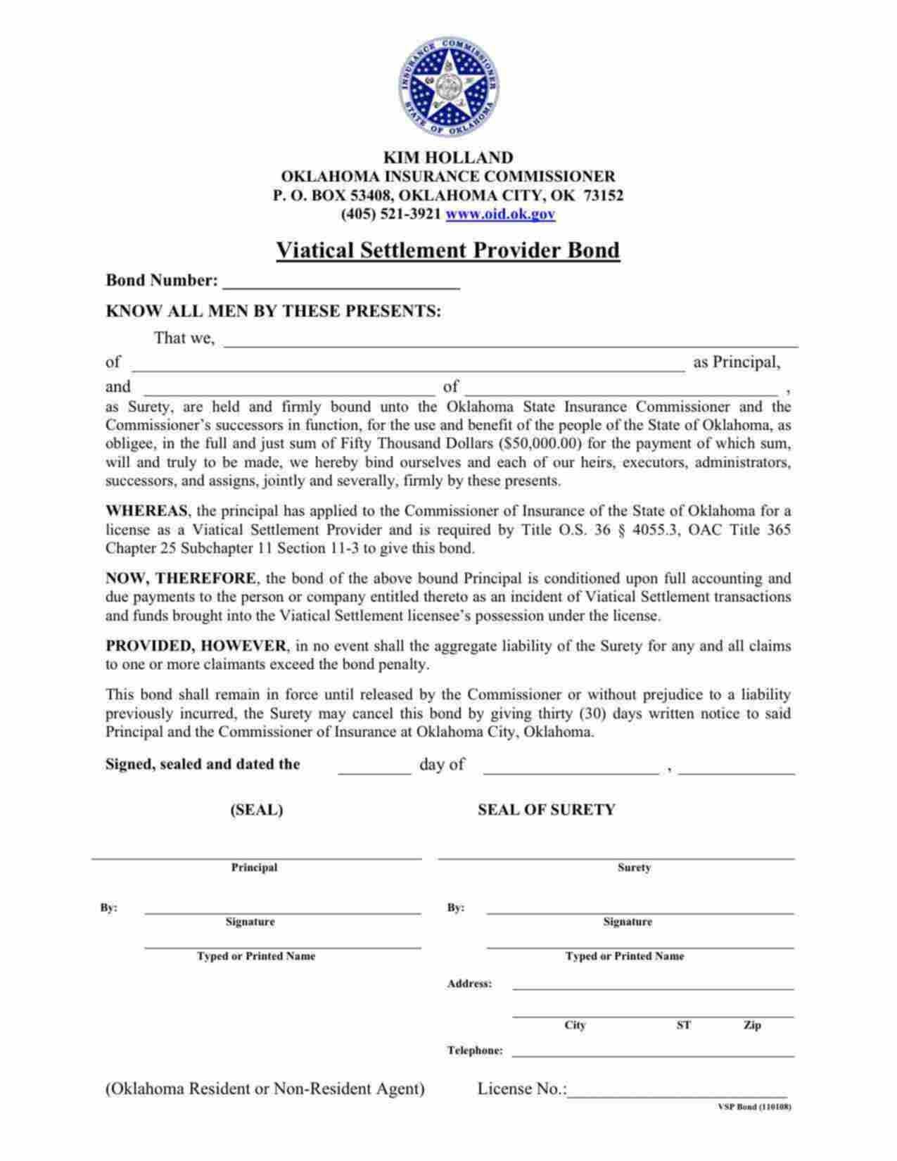 Oklahoma Viatical Settlement Provider Bond Form