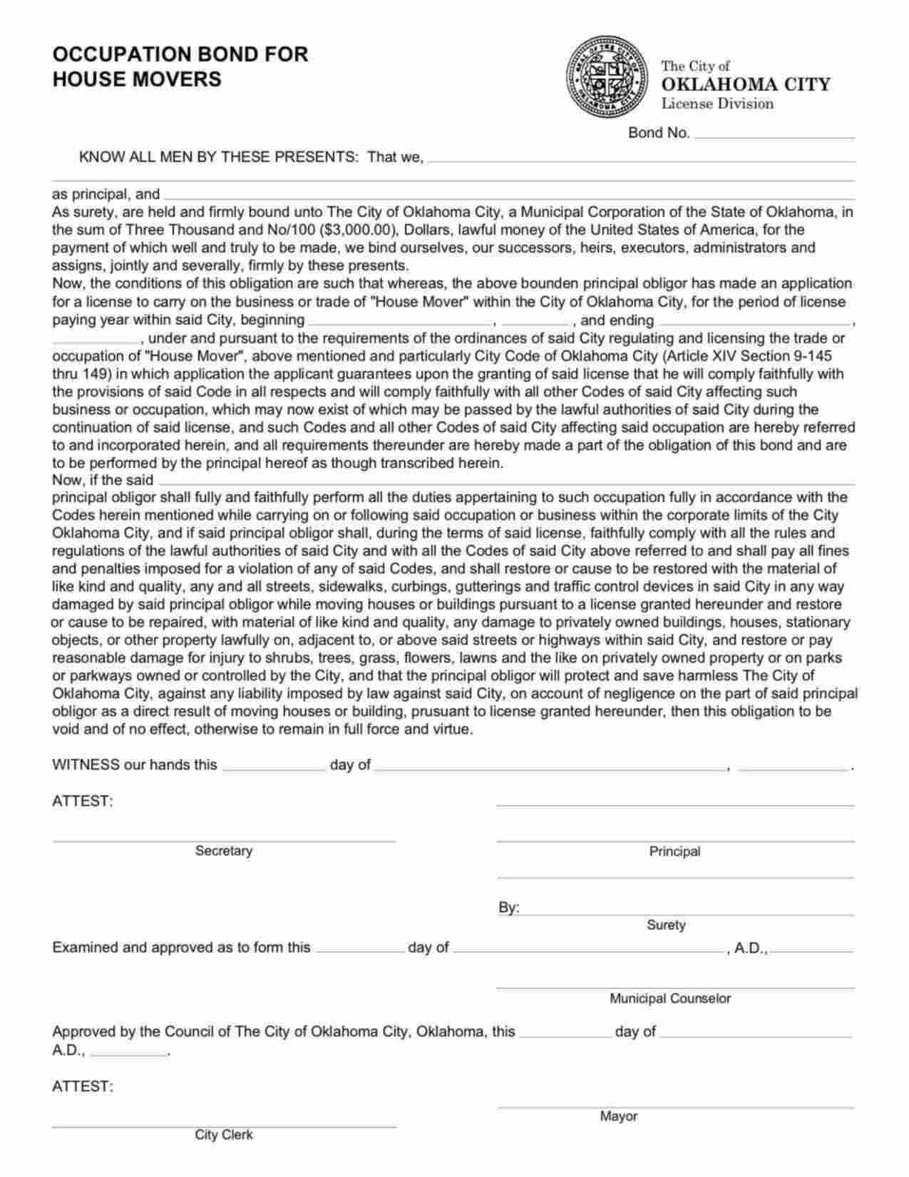 Oklahoma House Mover Bond Form